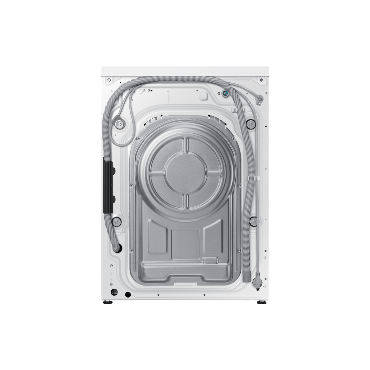 Achterkant van een witte wasmachine met diverse buizen en een zilveren metalen plaat.