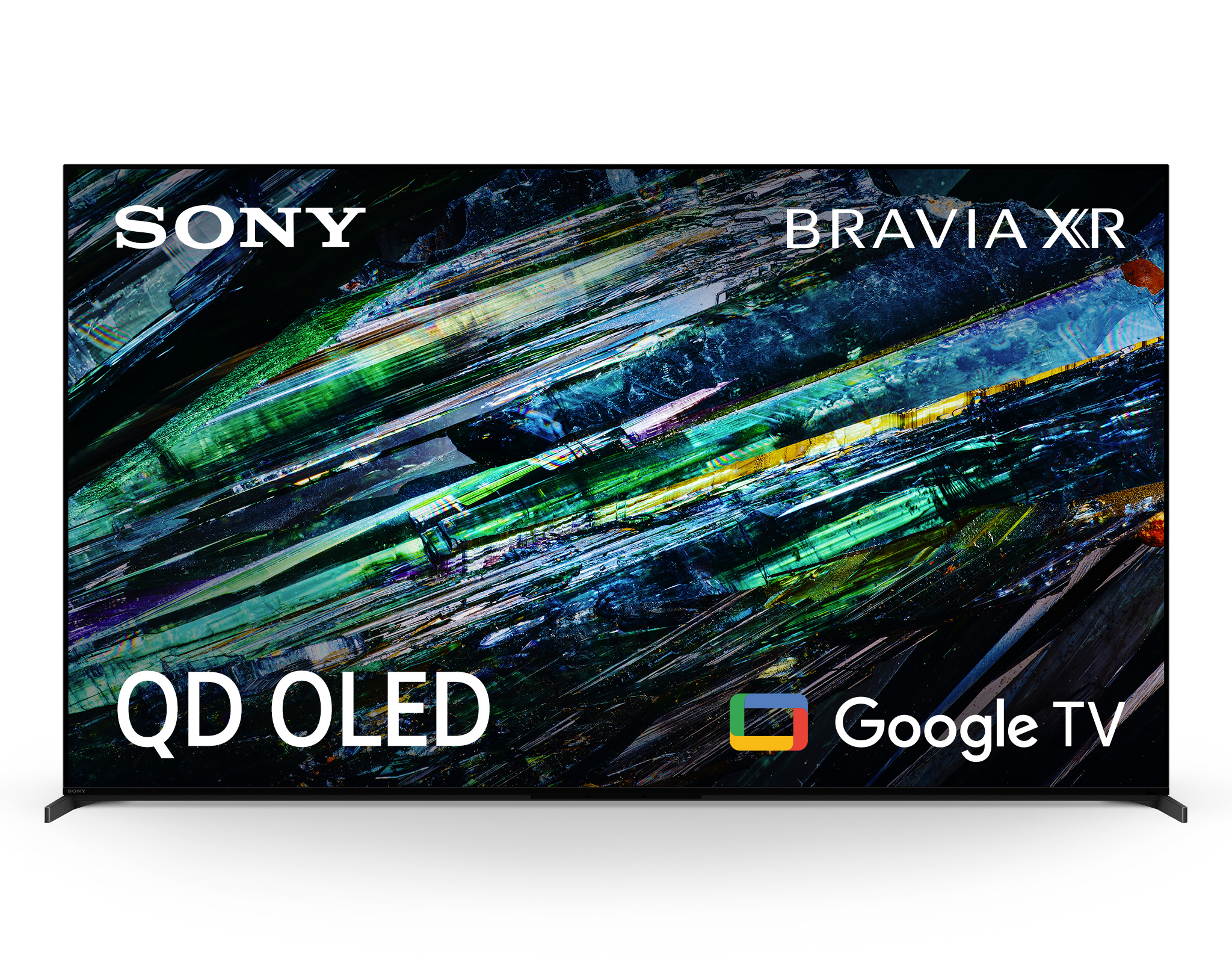 Czarny ekran telewizora z tekstem: SONY BRAVIA XR QD-OLED Google TV.