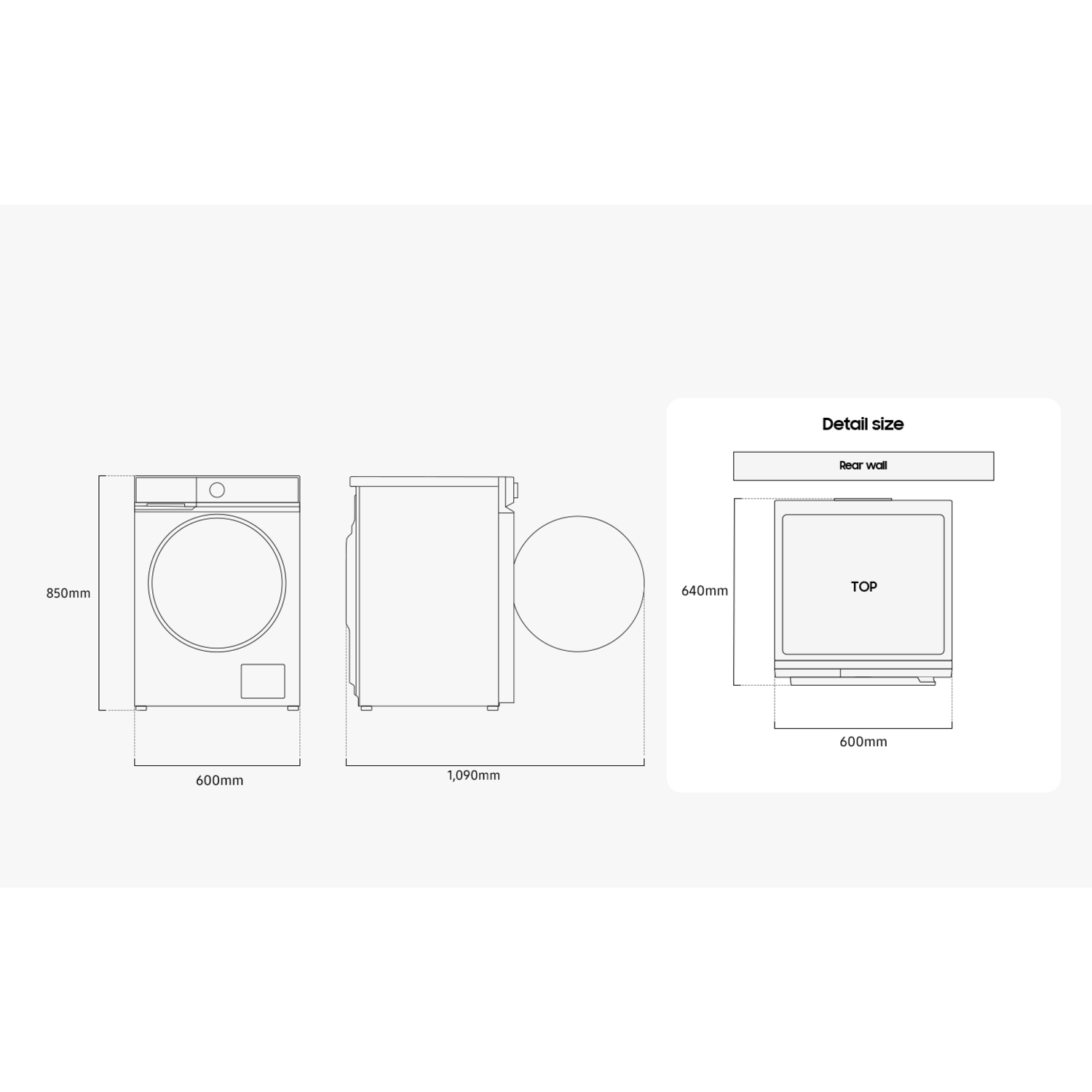 Diagram van een wasmachine met afmetingen: 850 mm hoog, 600 mm breed, 1.090 mm diep.