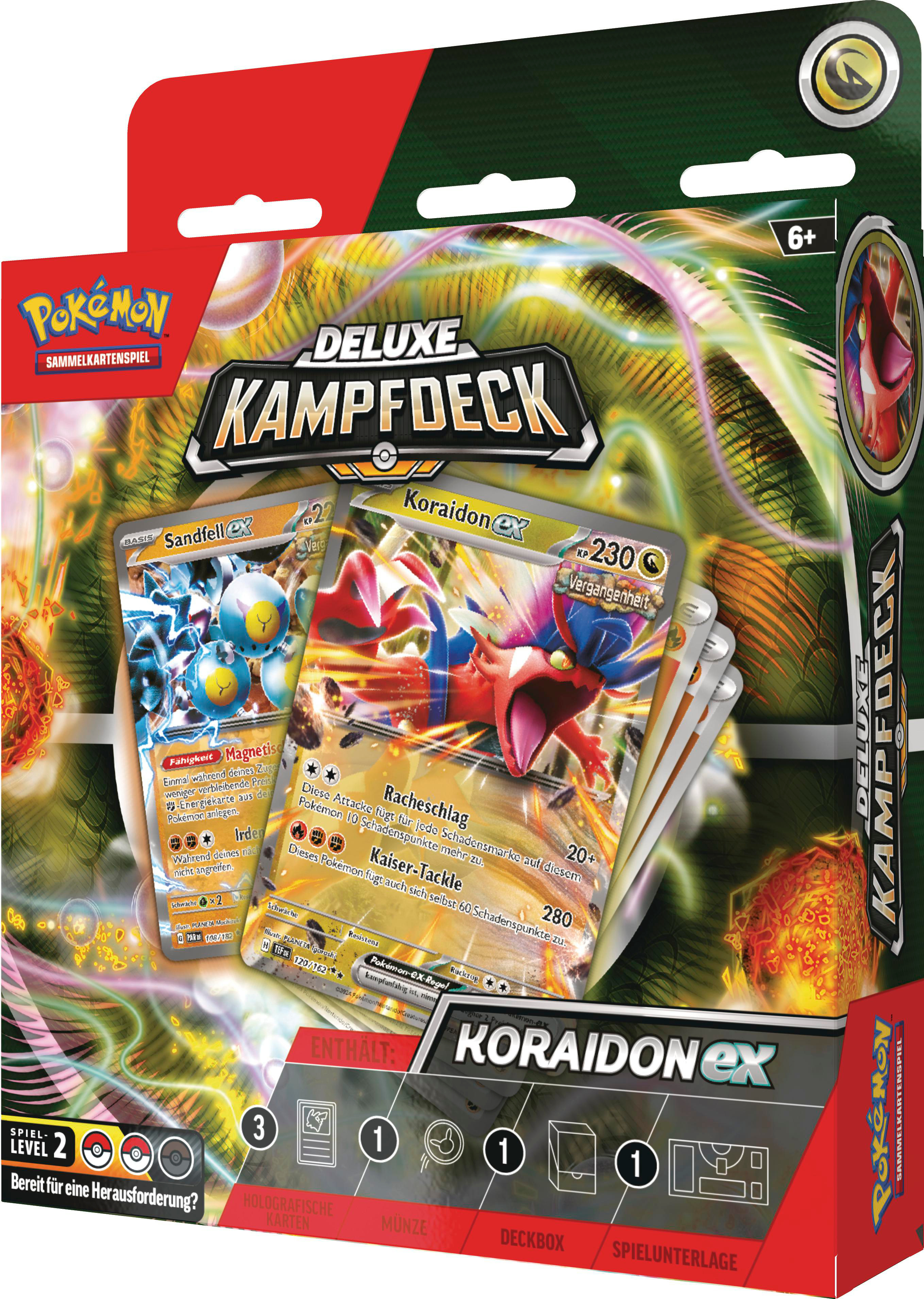 Eine Pokemon Deluxe Kampdeck Box mit Karten mit Koraidon ex und anderen Pokemon Charakteren.