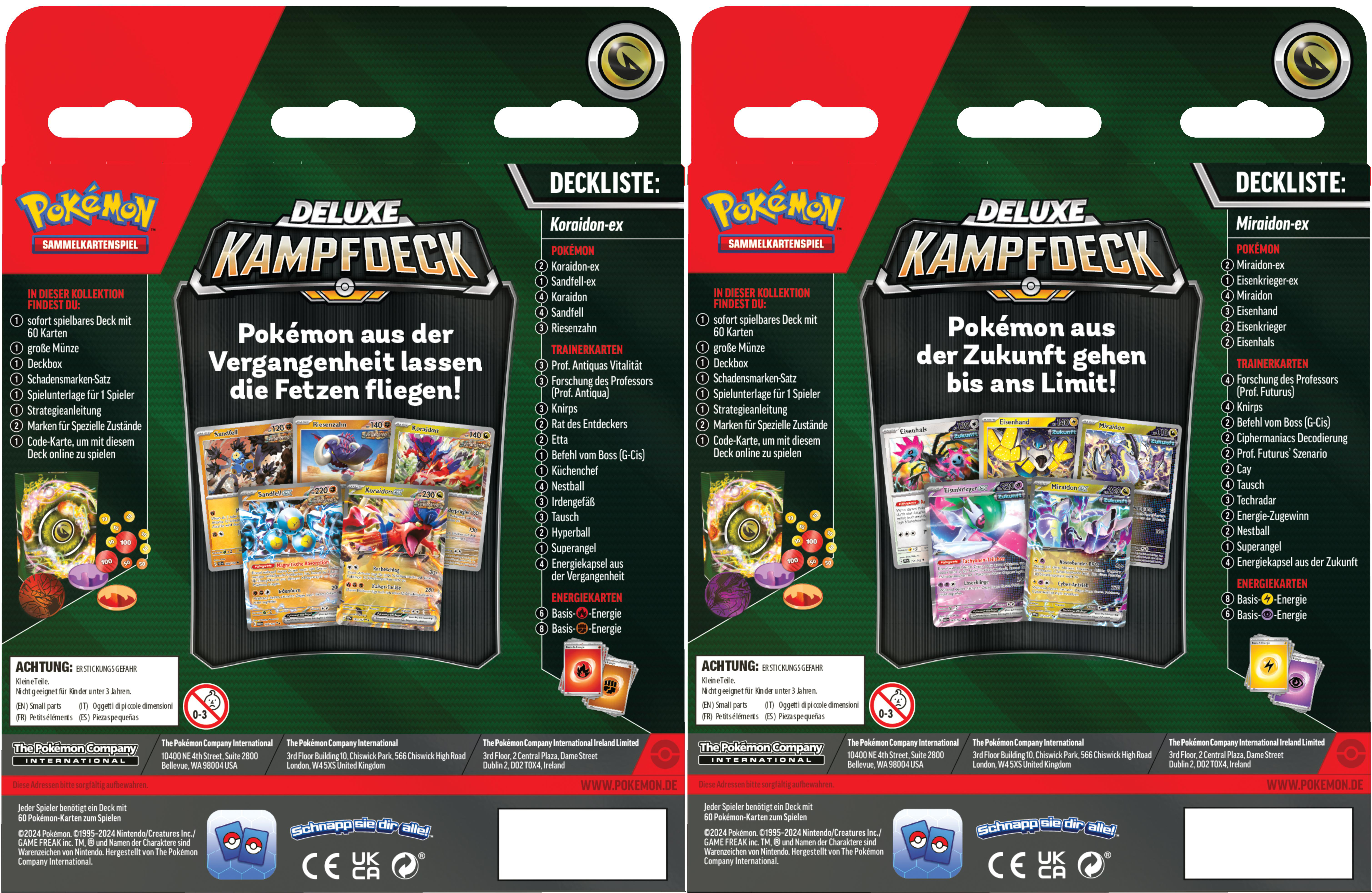 Zwei Pokémon-Kartenpackungen, die linke mit einer Goldmünze und Rückseiten mit japanischem Text.