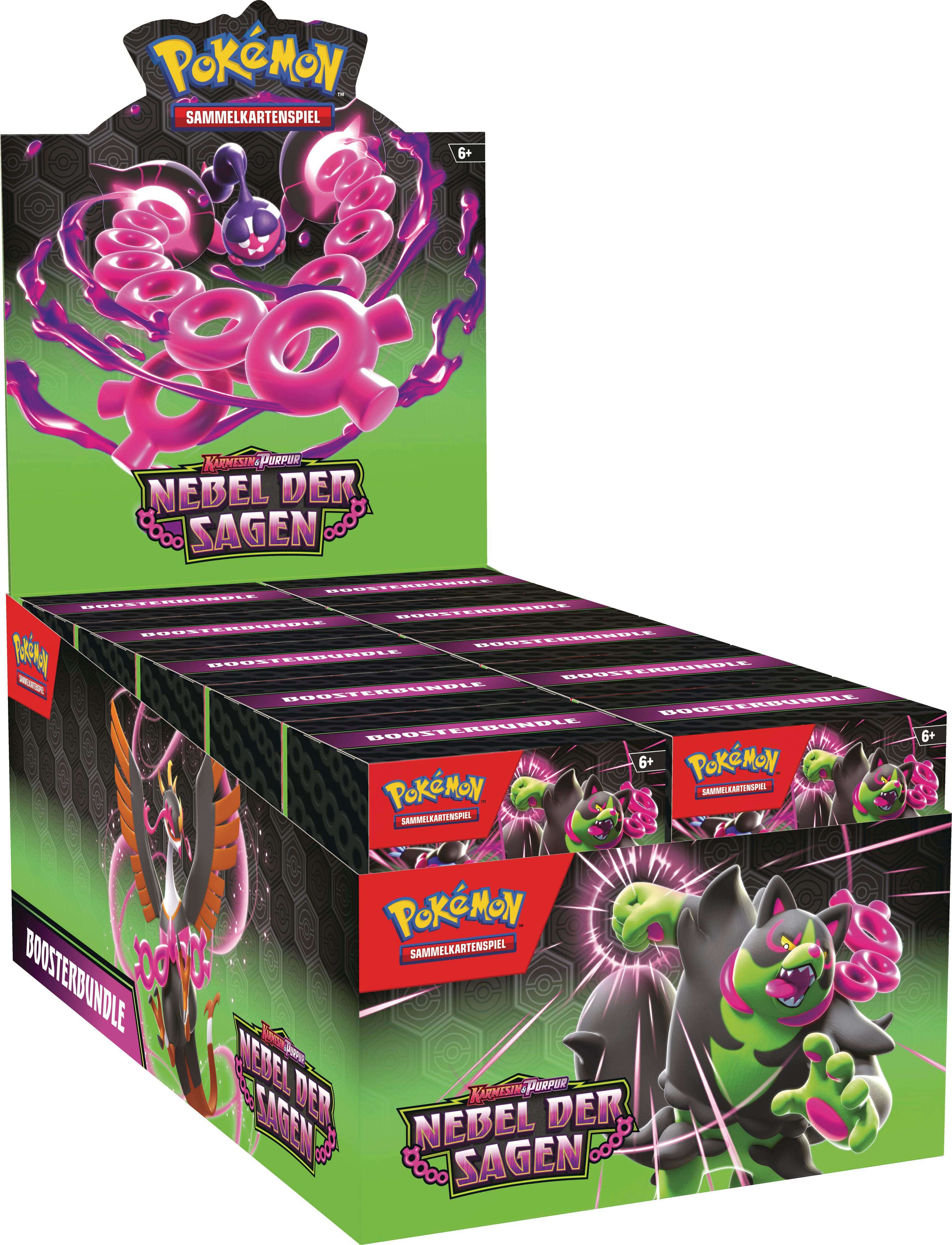 Pokemon-Kartenbox mit mehreren Booster-Bundles, mit einem Pokemon in einer lila Umgebung.