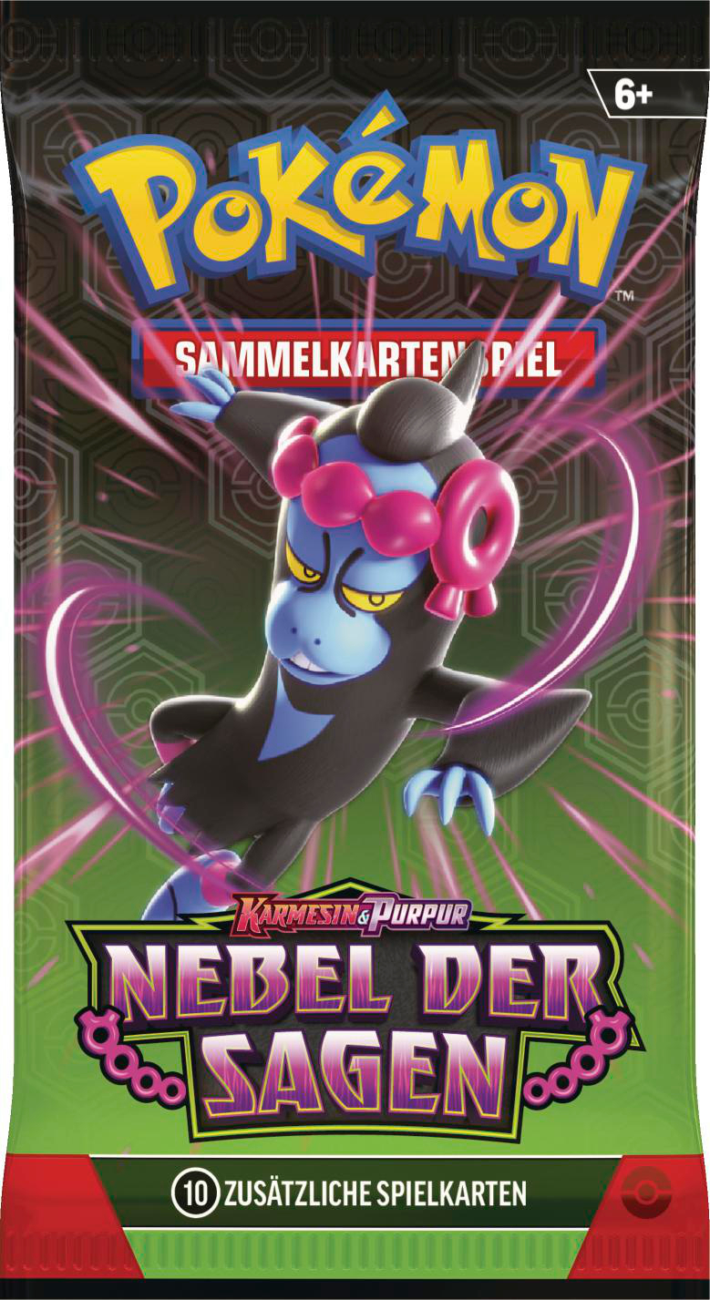 Pokemon-Kartenpackung mit dunklem Charakter, lila und gelbem Text und einem grünen Rand.