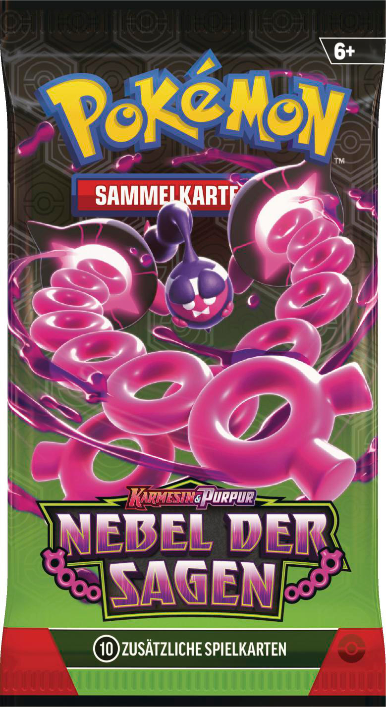 Eine Pokémon-Kartenpackung mit farbenfrohem Design und dem Text 'NEBEL DER SAGEN'.