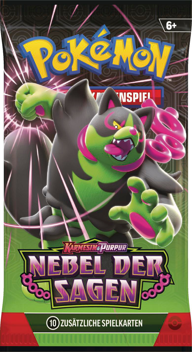 Pokemon-Kartenpackung mit grünem und schwarzem Hintergrund und einem Monster in der Mitte.