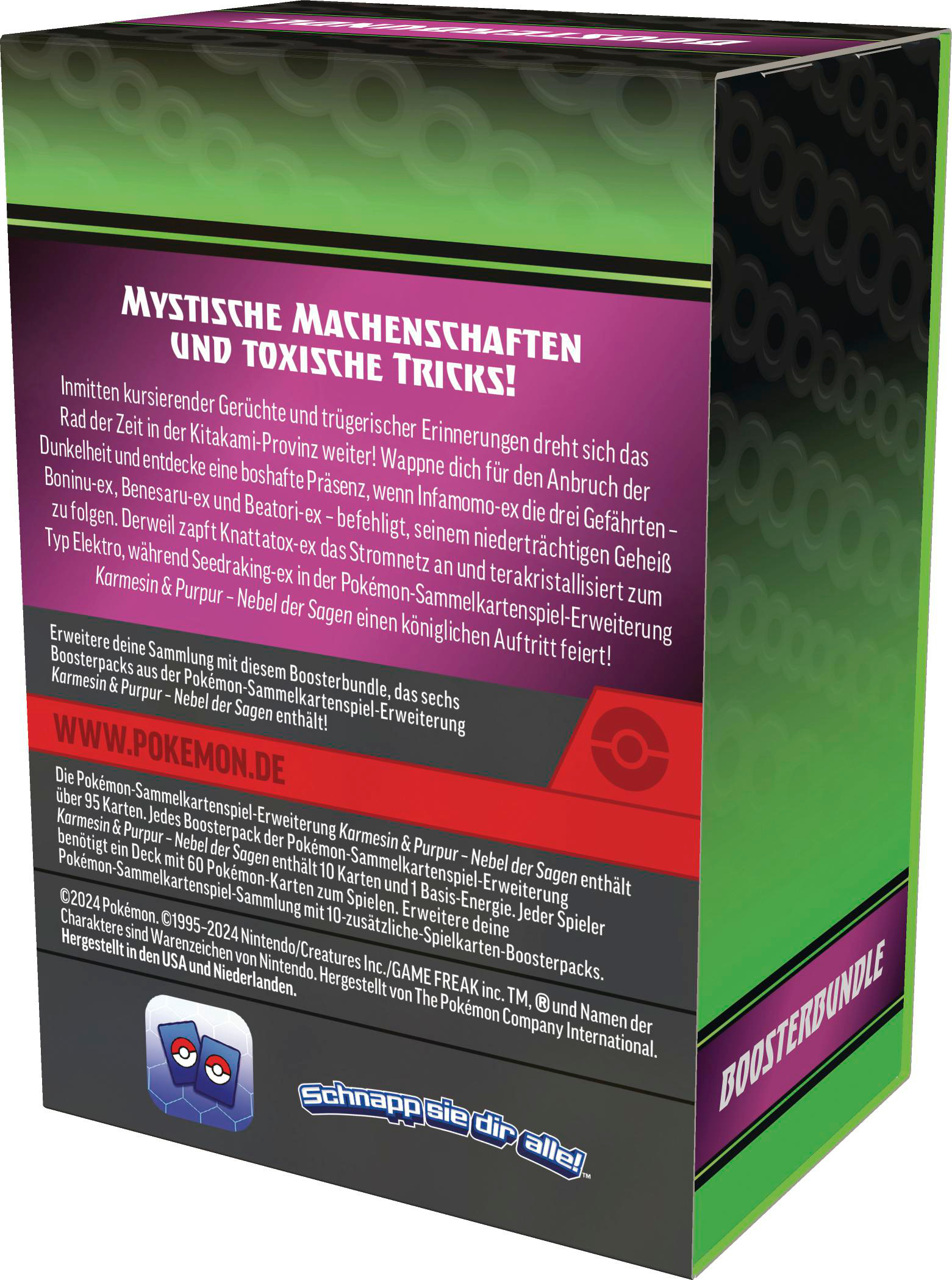 Pokémon Booster Bundle Box mit Text und Logos, mit schwarzem, grünem und lila Design.
