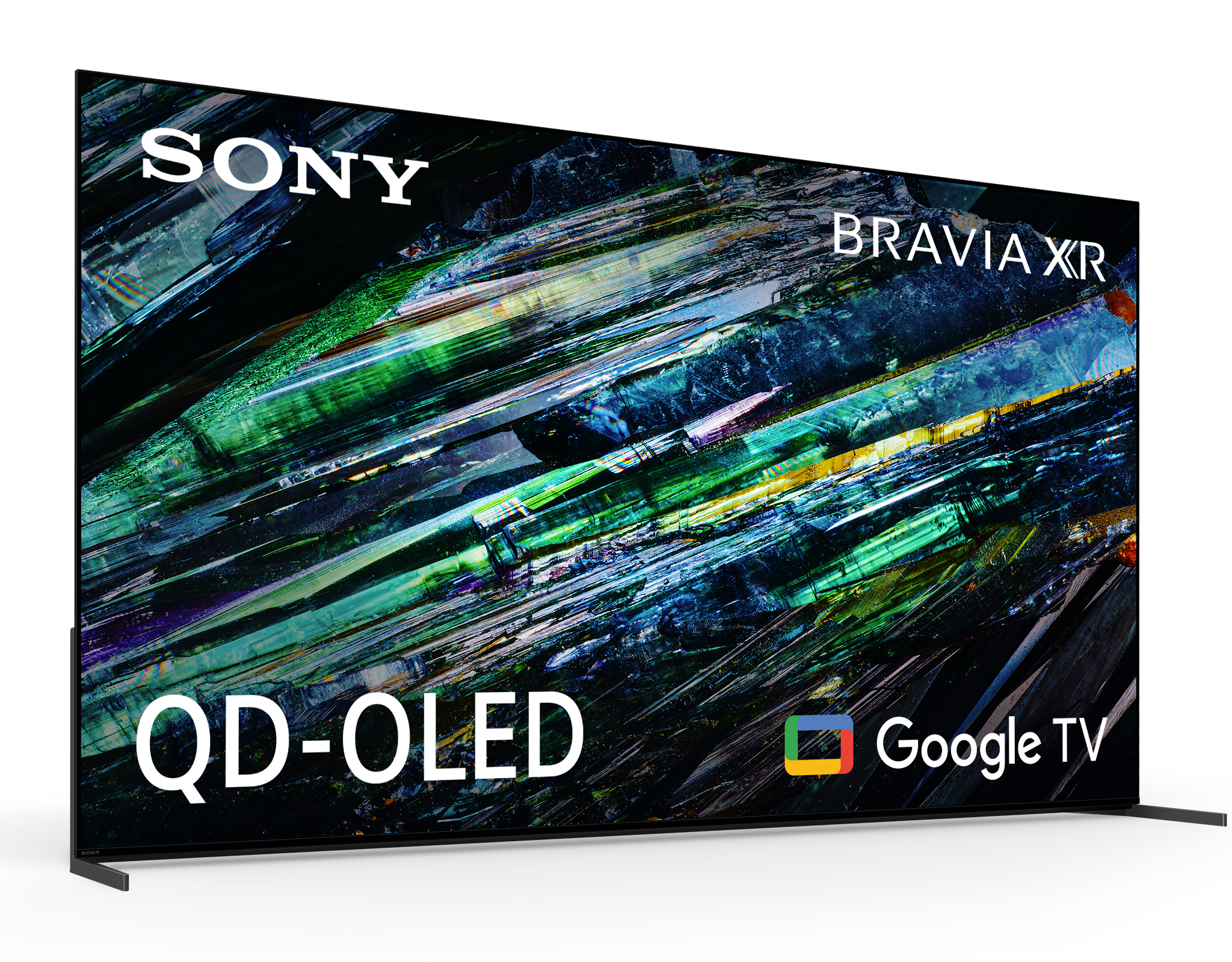 Duży telewizor Sony Bravia XR QD-OLED z Google TV, czarną ramką i podstawą.