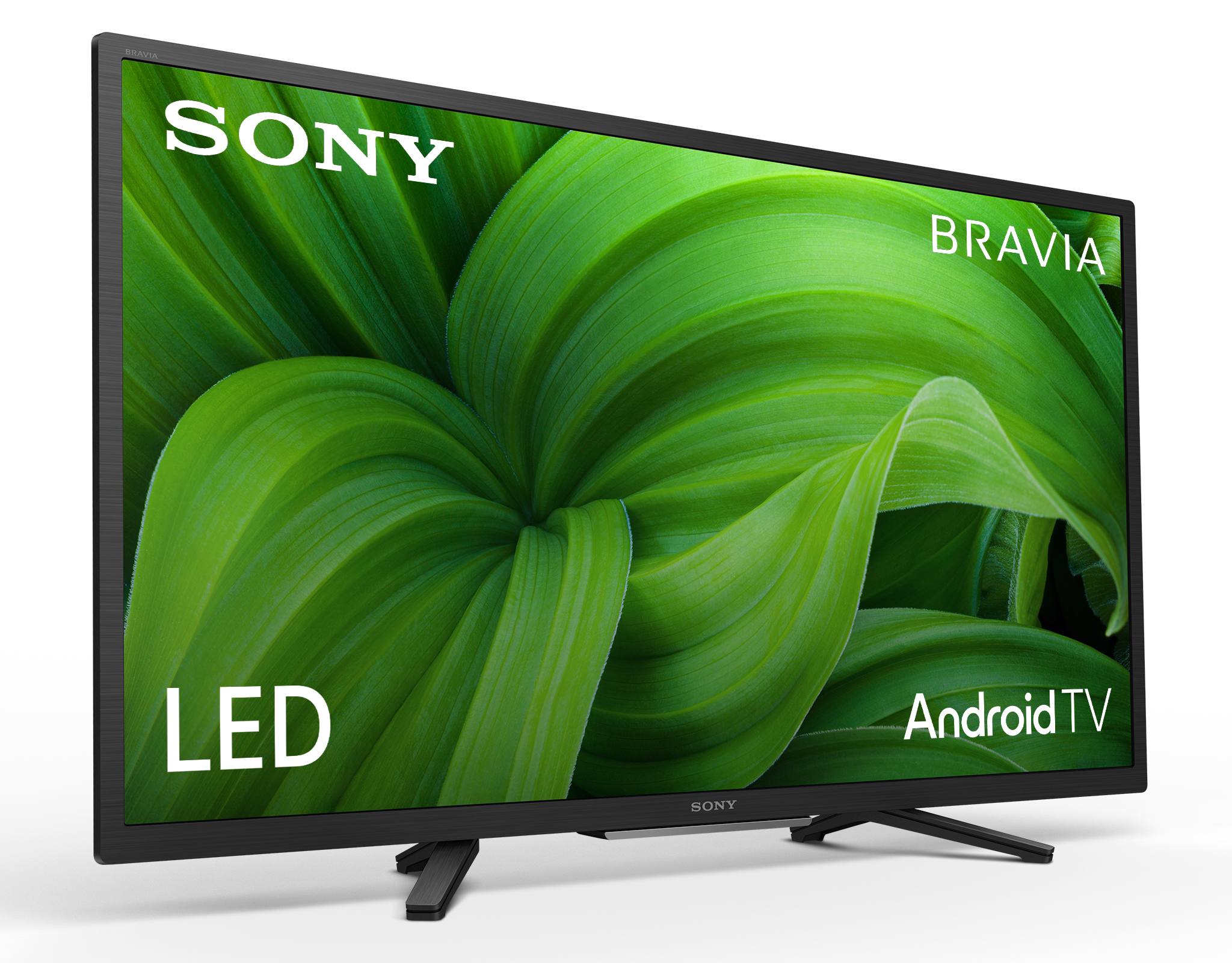 Telewizor Sony Bravia LED Android TV. Ekran wyświetla zielone liście z logo Sony i Bravia.