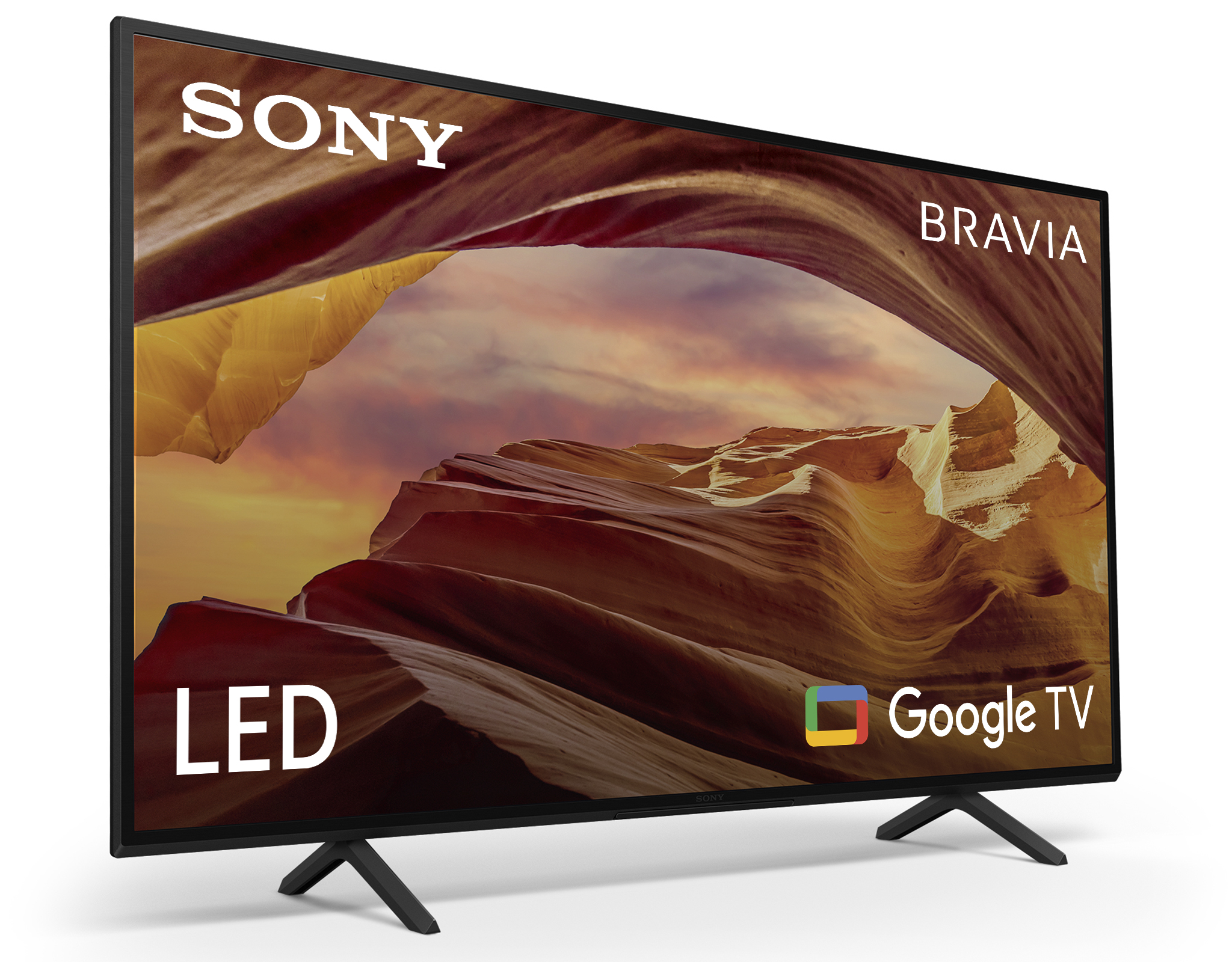 Telewizor Sony Bravia LED, czarna ramka, logo Google TV i tło krajobrazu pustynnego.