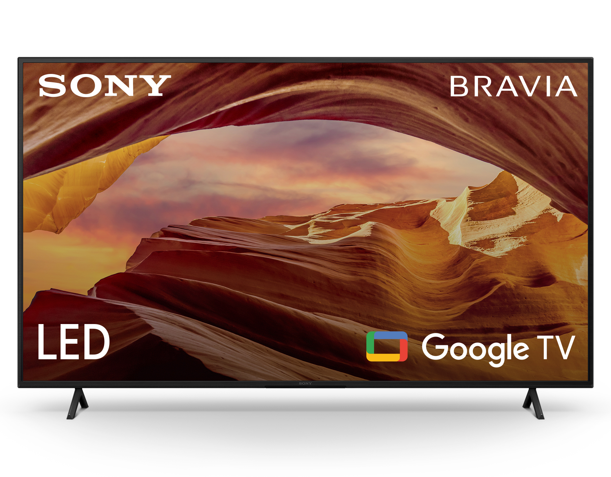 Telewizor Sony Bravia. Na ekranie znajduje się scena krajobrazowa, a także wyświetlane są Google TV i LED.