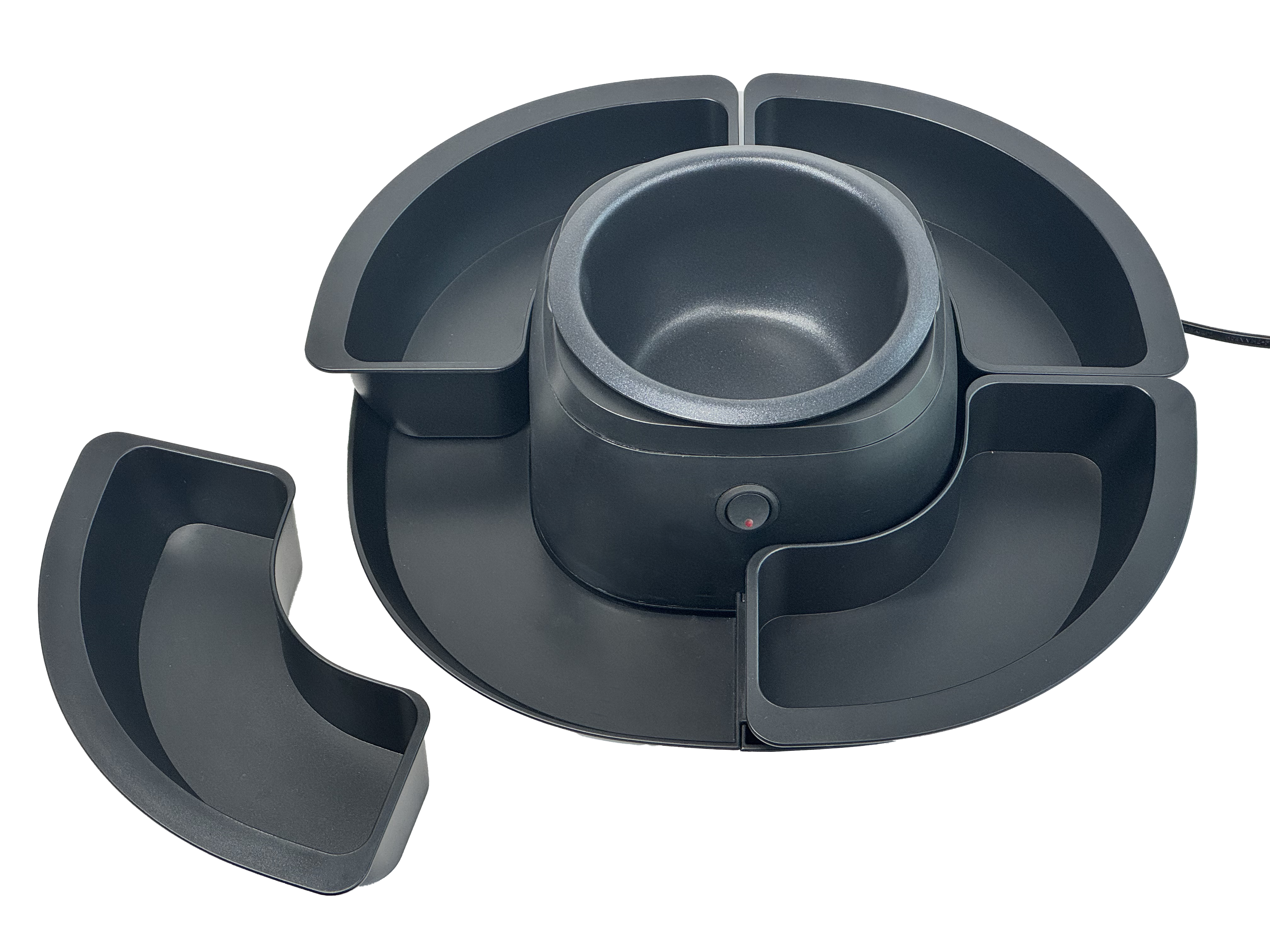 Ein schwarzes Fondue-Set mit vier Fächern und einem zentralen Topf, vor weißem Hintergrund.