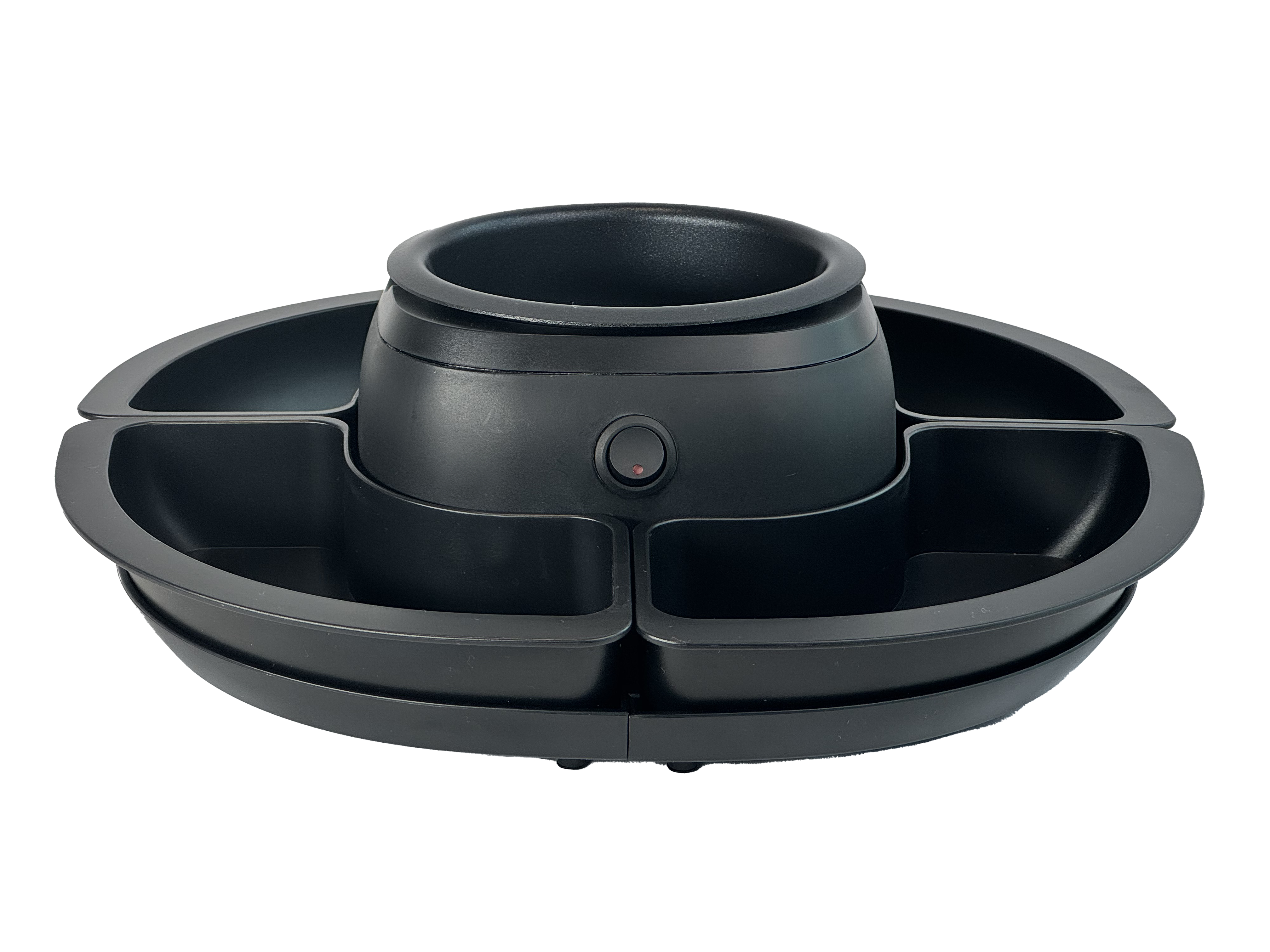 Ein schwarzes Serviertablett mit vier Fächern und einem zentralen Behälter, alles in Schwarz.