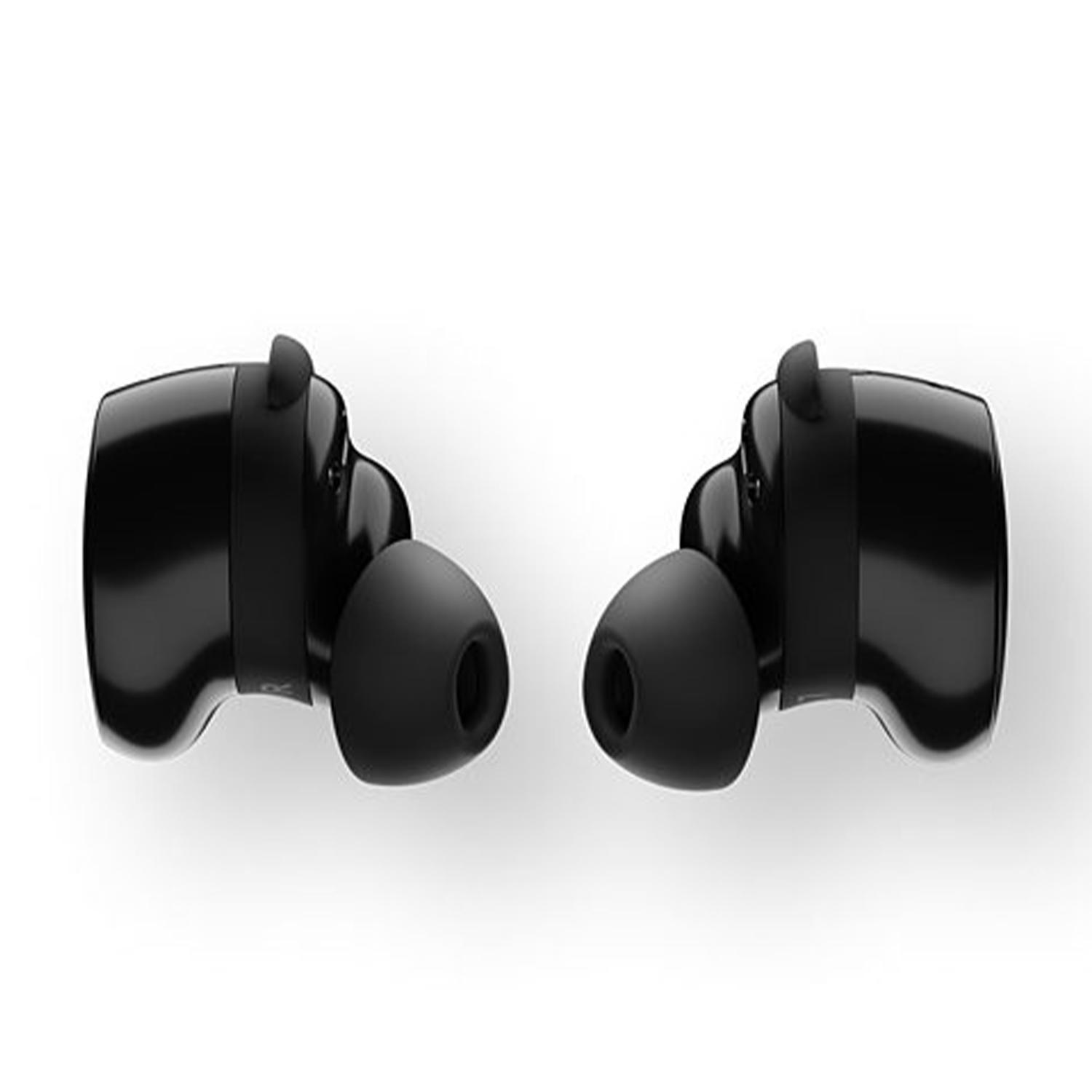 Paio di auricolari wireless neri. Quello sinistro è contrassegnato con una 'L', quello destro con una 'R'.