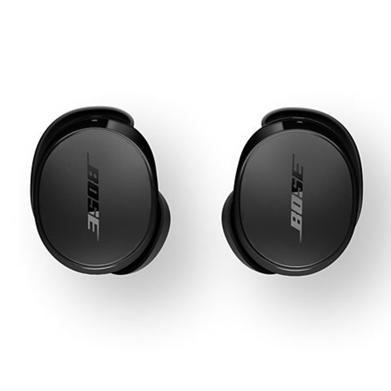 Due auricolari neri. Il logo Bose è visibile su ciascun auricolare. Sono su una superficie bianca.