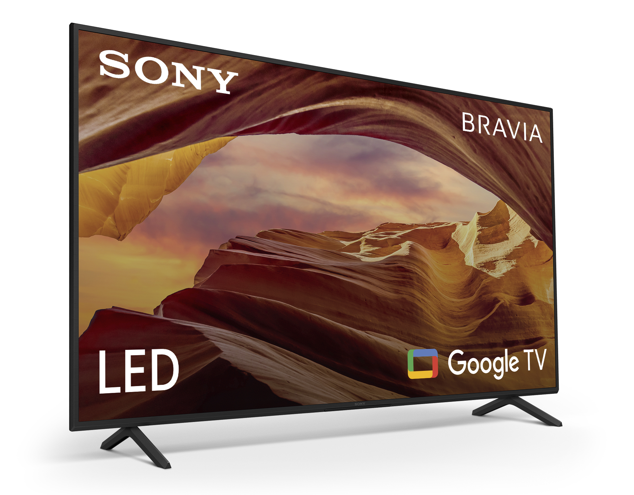 Sony Bravia LED Google TV, czarna ramka, na białym tle. Wyświetla malowniczy widok.