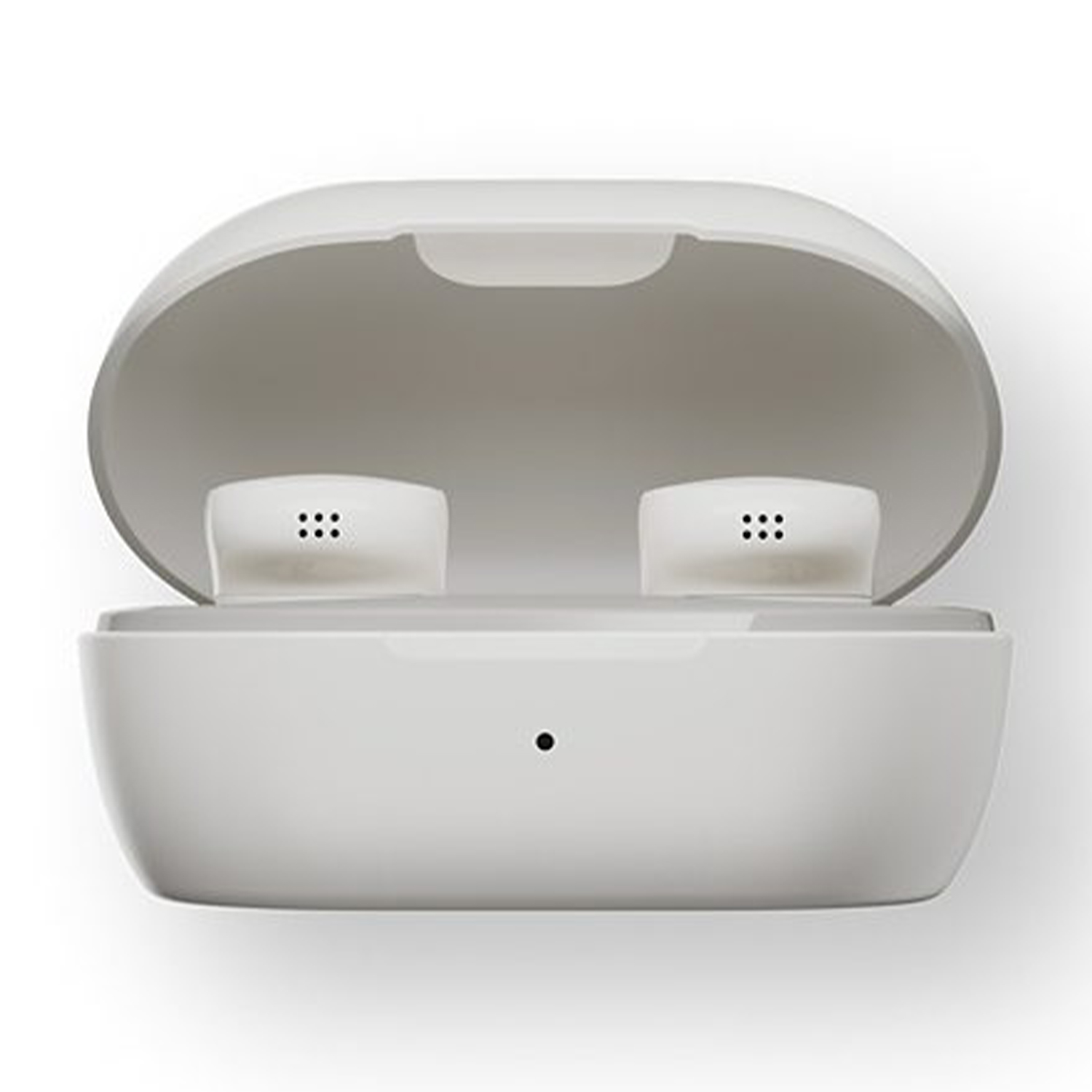 Custodia di ricarica per auricolari bianca, aperta, che rivela due auricolari.