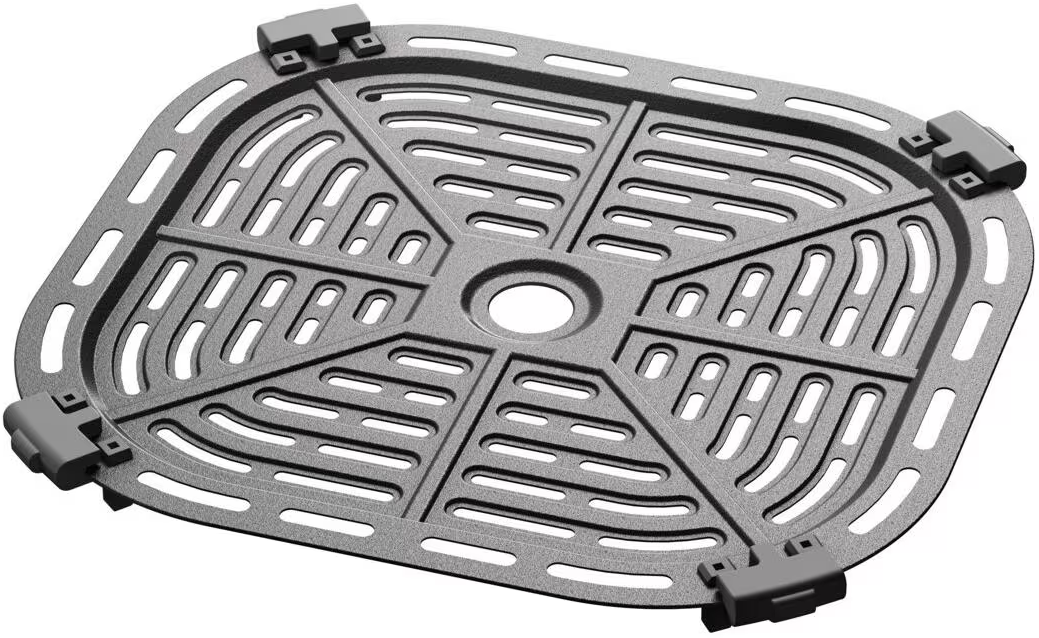 Cestello per friggitrice ad aria in metallo con fori di ventilazione. Il cestello è grigio e presenta un motivo geometrico.