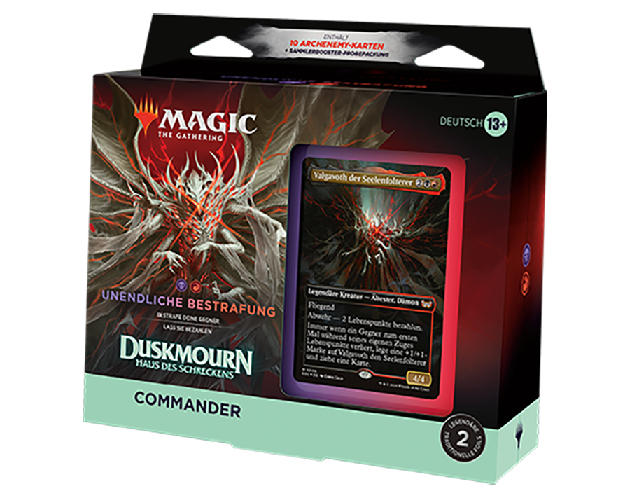 Magic the Gathering Kartenbox. Sie zeigt eine dunkle Kreatur und Text auf Deutsch. Eine Karte ist sichtbar.