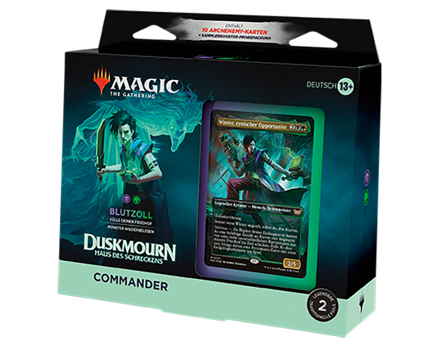 Magic-Kartenspielbox. Dunkelhaarige Figur mit Schwert. Grün und lila Farben.