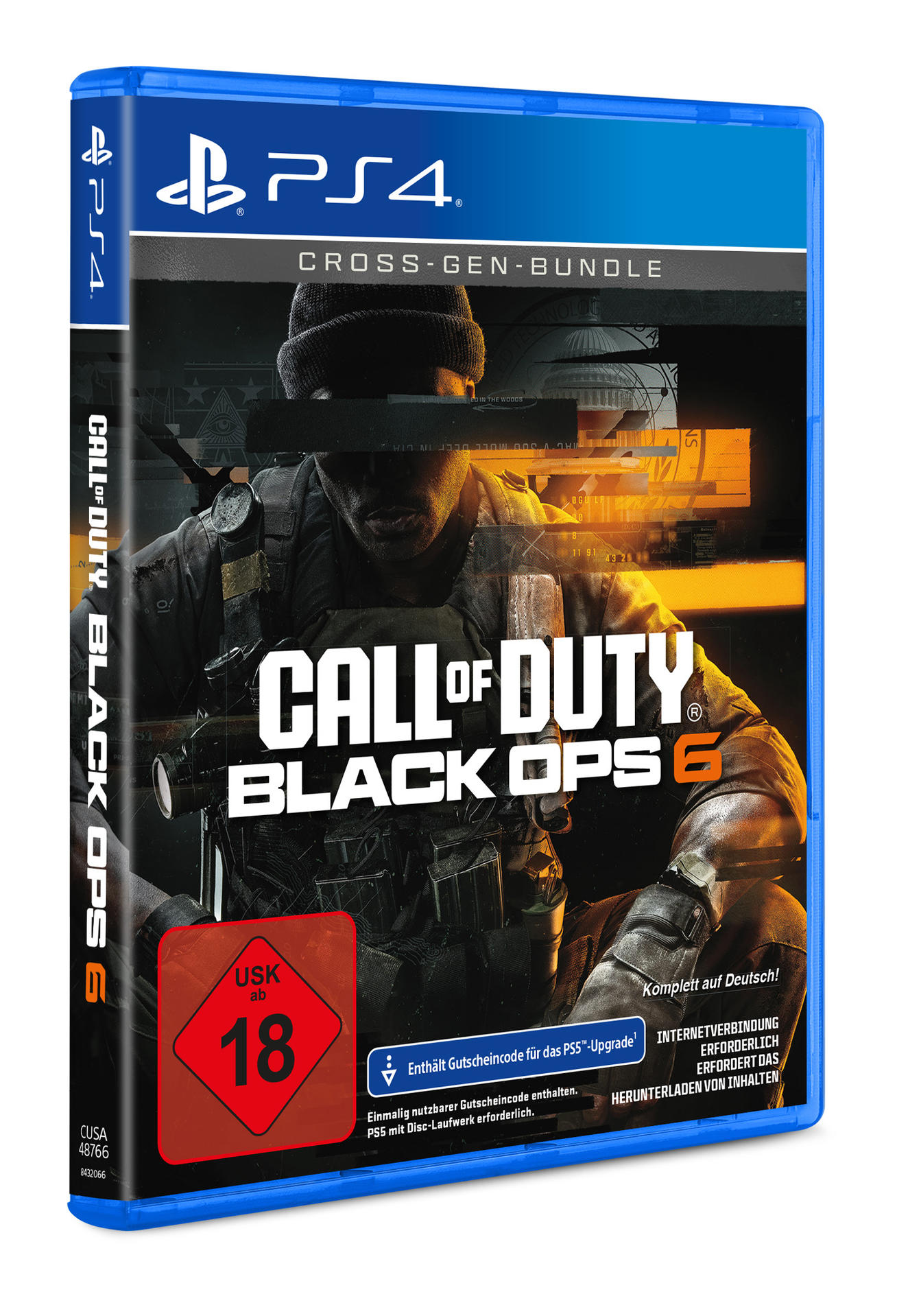 PS4-Spielverpackung für Call of Duty: Black Ops 6. Zeigt einen Soldaten in einer Kampfszene. Rote USK 18-Einstufung.