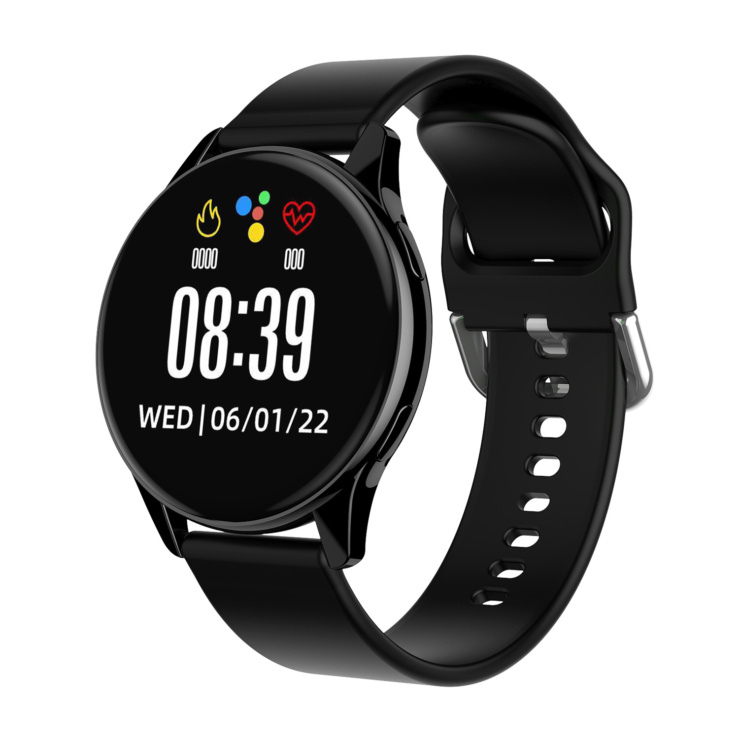 Smartwatch nero con quadrante rotondo, che mostra ora, data e dati attività su sfondo bianco.