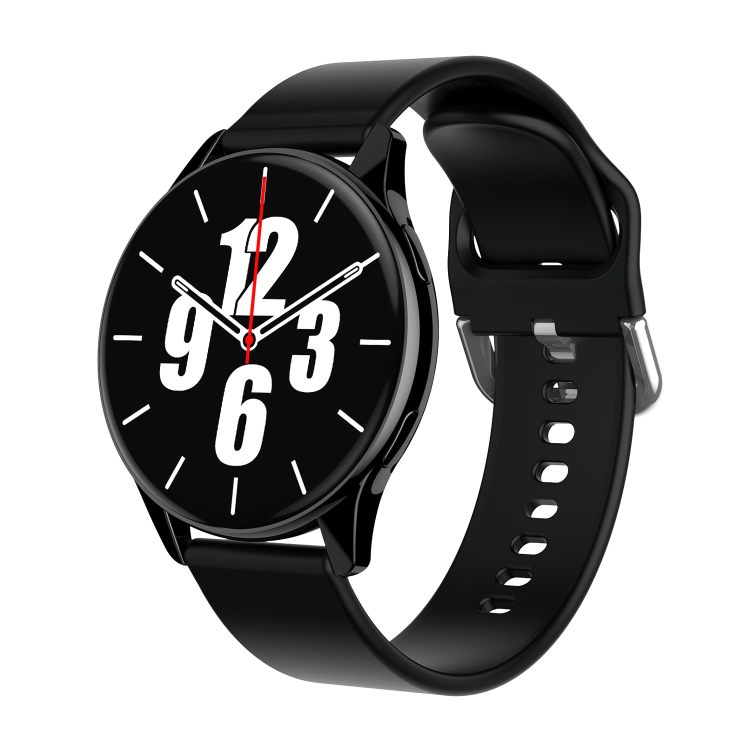 Smartwatch nero con quadrante rotondo. Visualizza numeri bianchi e lancetta dei secondi rossa.