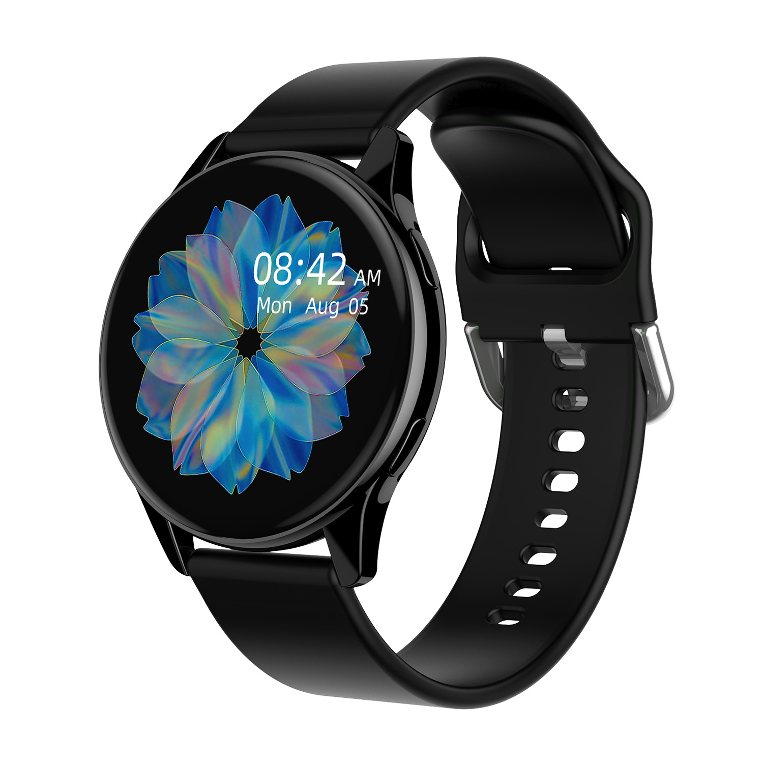 Smartwatch nero con quadrante rotondo che mostra l'ora. Cinturino nero. Sfondo bianco.