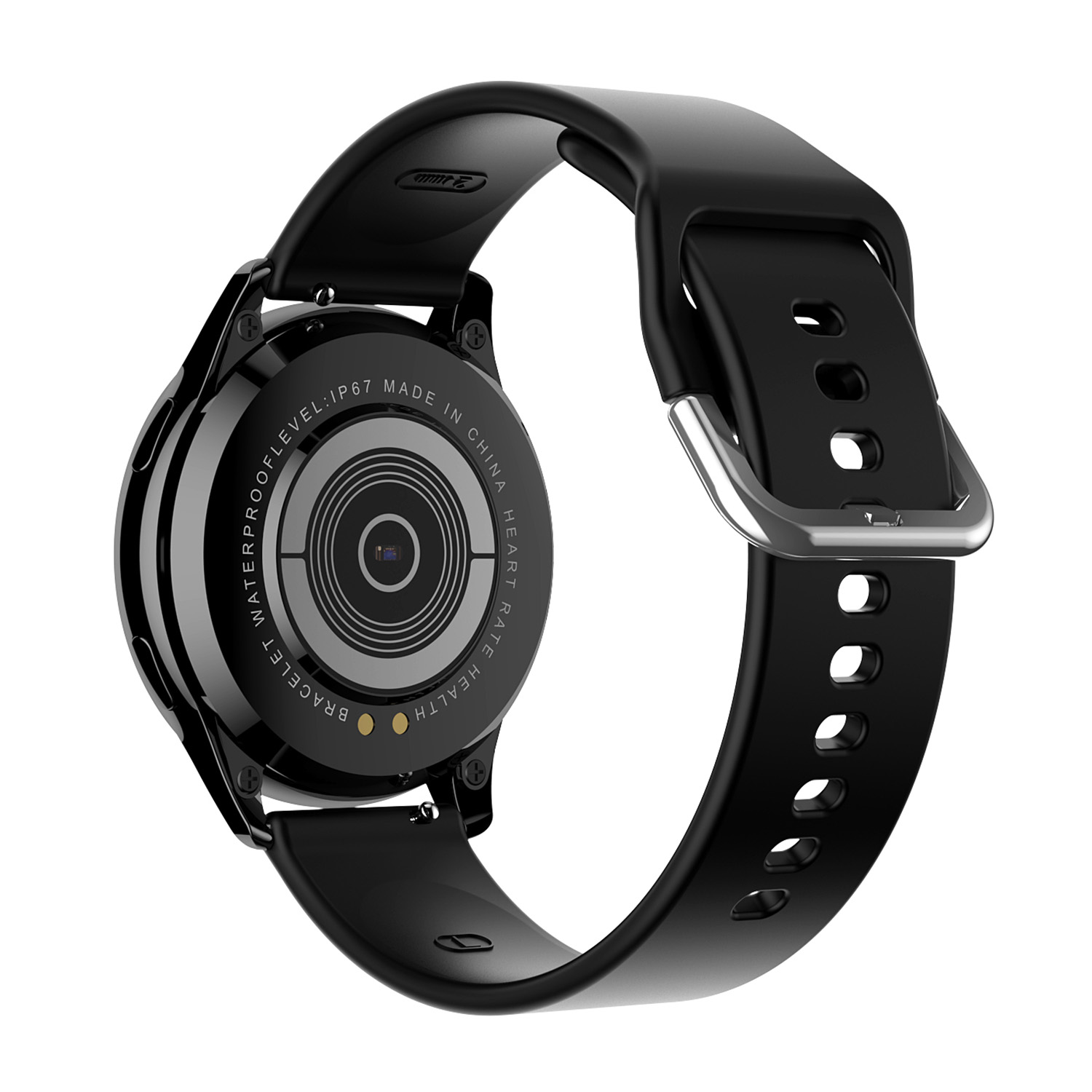 Uno smartwatch nero con cinturino nero, visto da dietro su sfondo bianco.