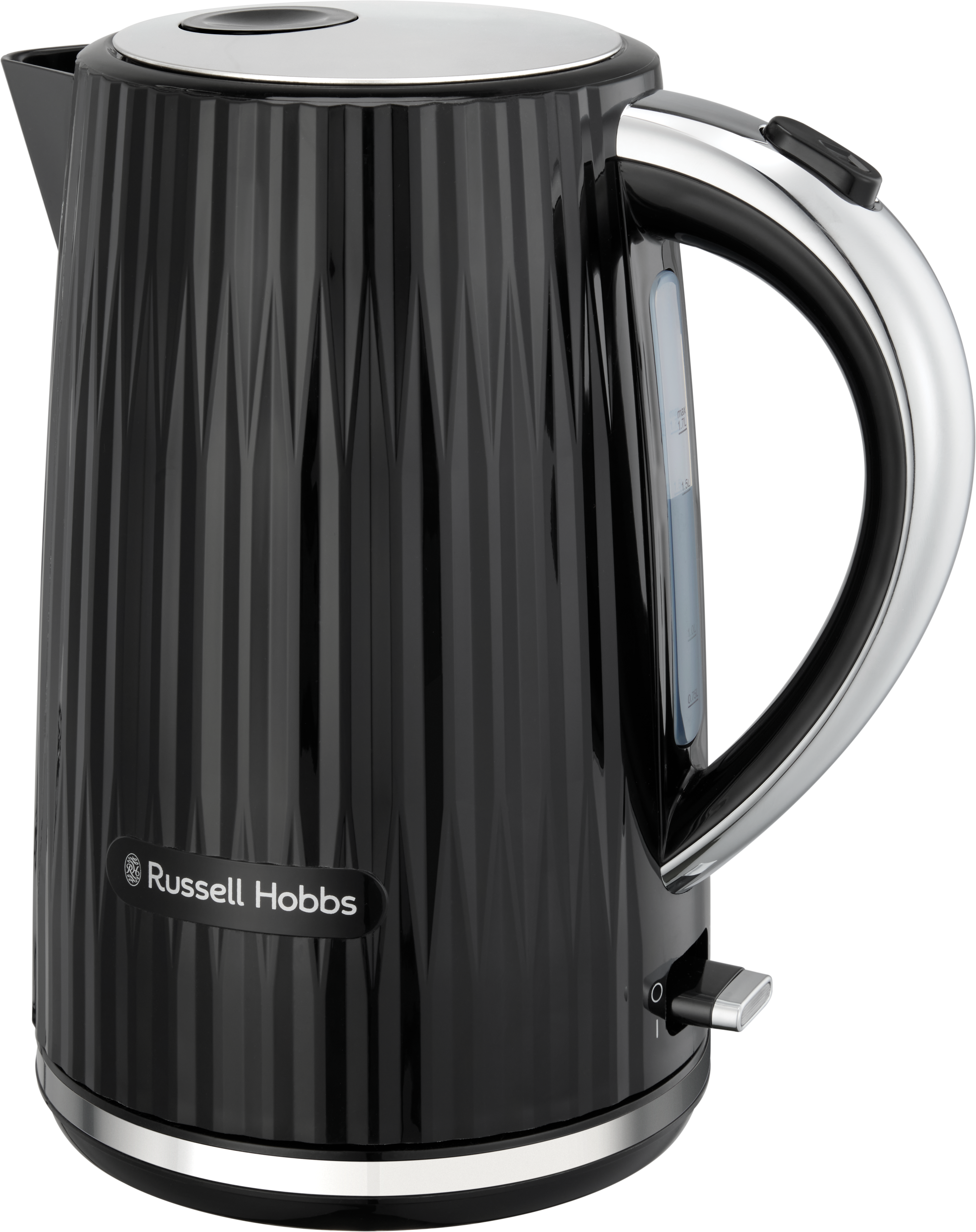 Schwarzer Russell Hobbs Wasserkocher mit strukturiertem Design, silbernen Akzenten und Wasserstandsanzeige.