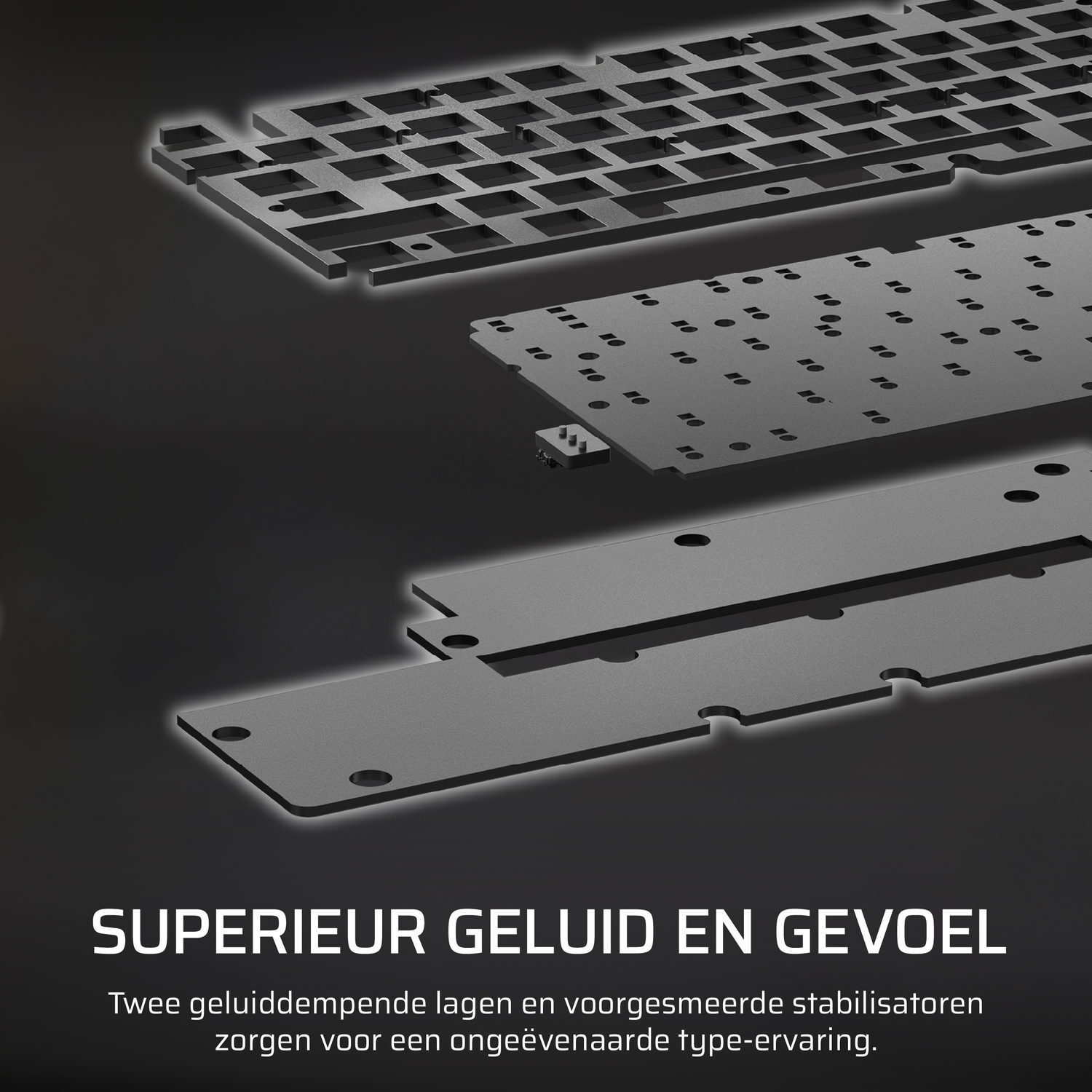 Exploded view of keyboard layers: top keys, switch plate, dampening layers, and base.