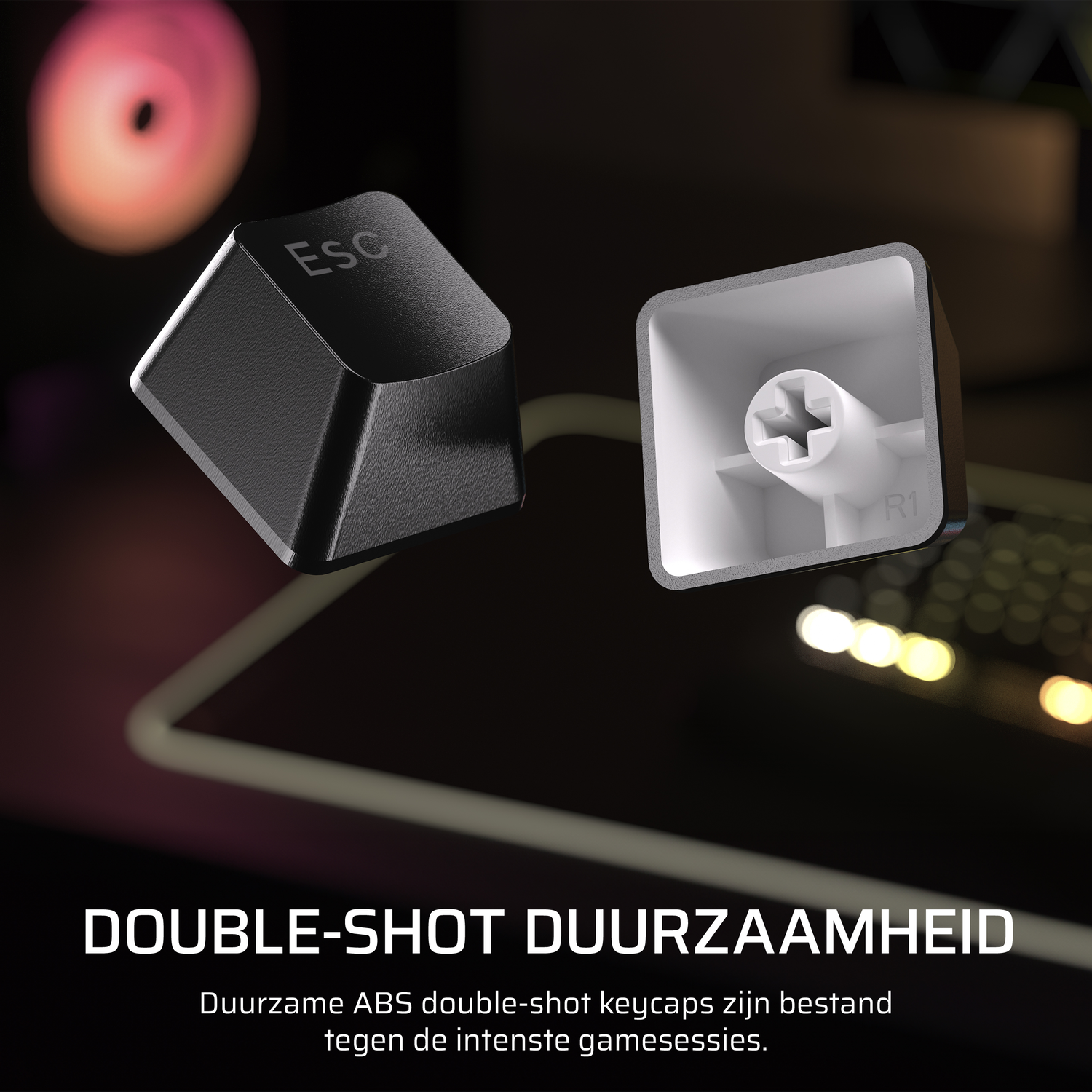 Two black keyboard keys. One is whole, the other shows the inside.