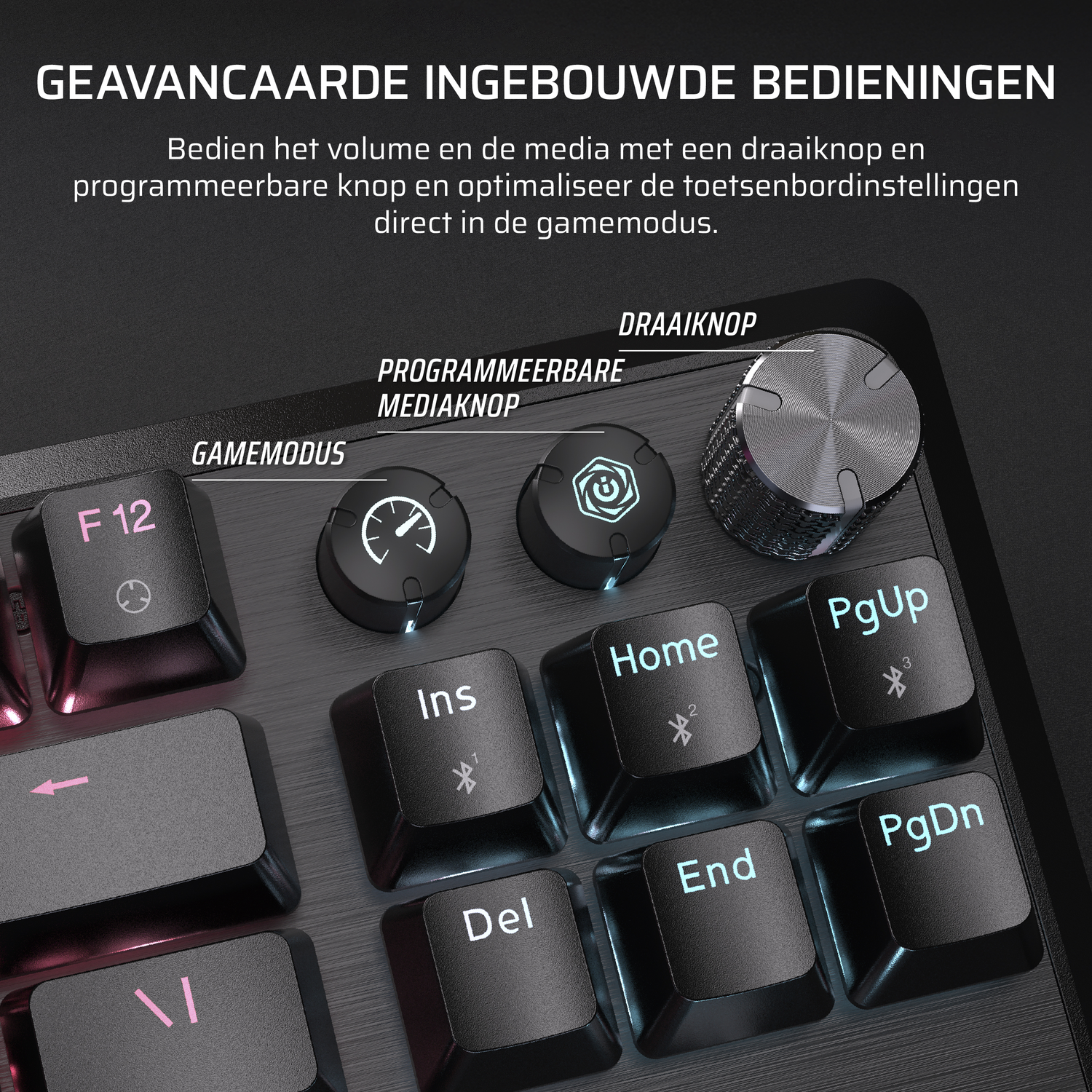 Close up of a keyboard with several keys highlighted. Programable and media knobs are also visible.