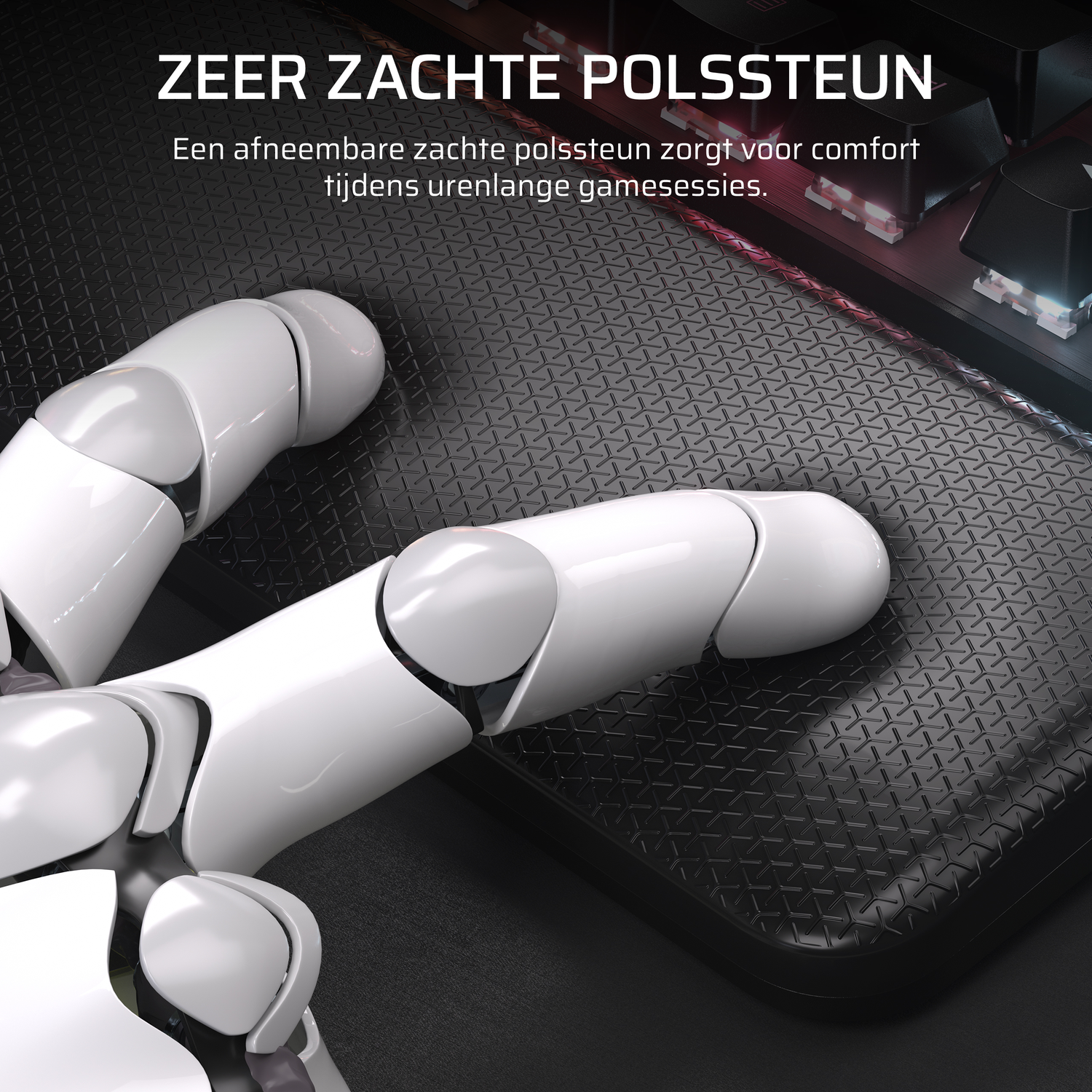 A robotic arm rests on a black gaming surface with text in the background.