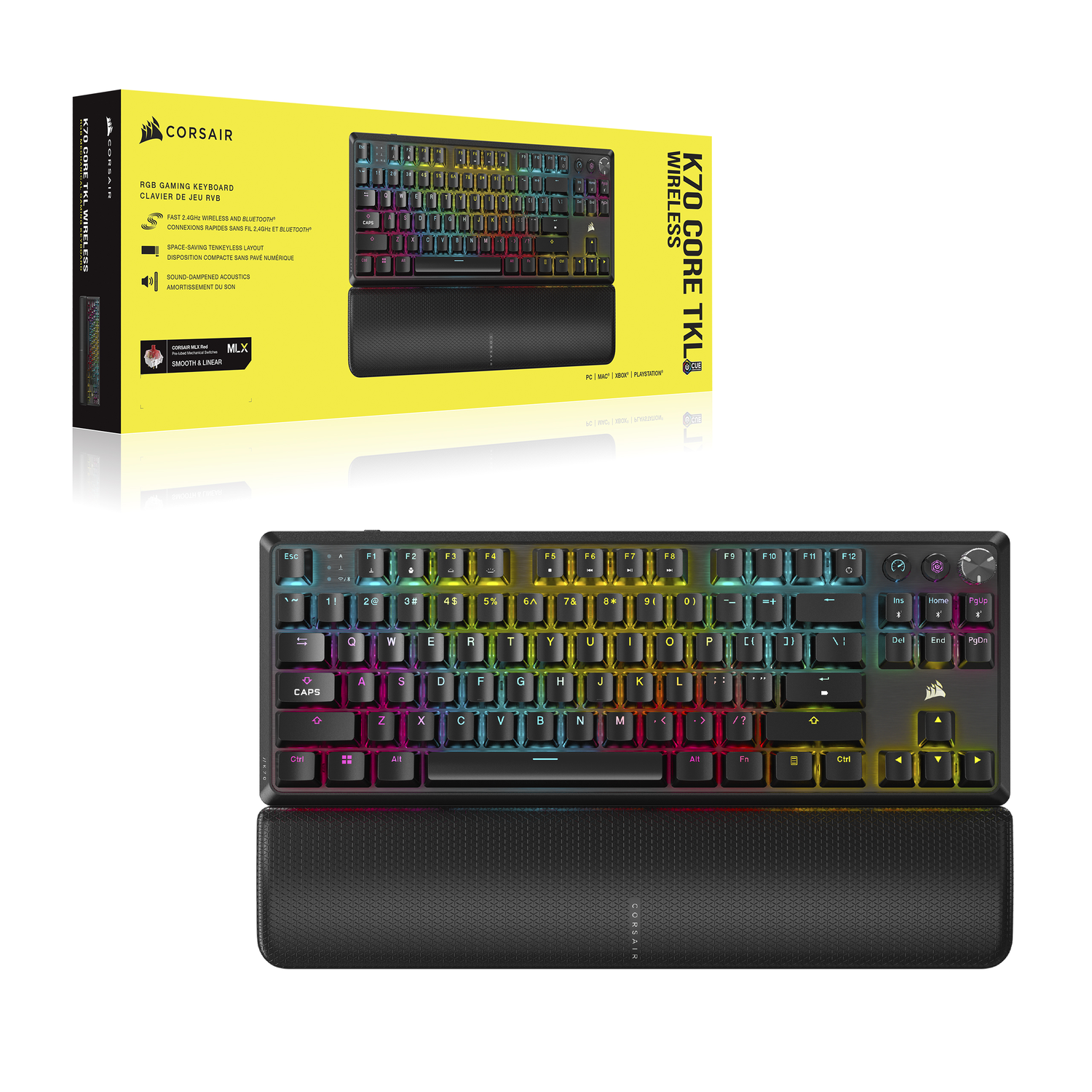 A keyboard with a black wrist rest and a yellow box with a keyboard image.
