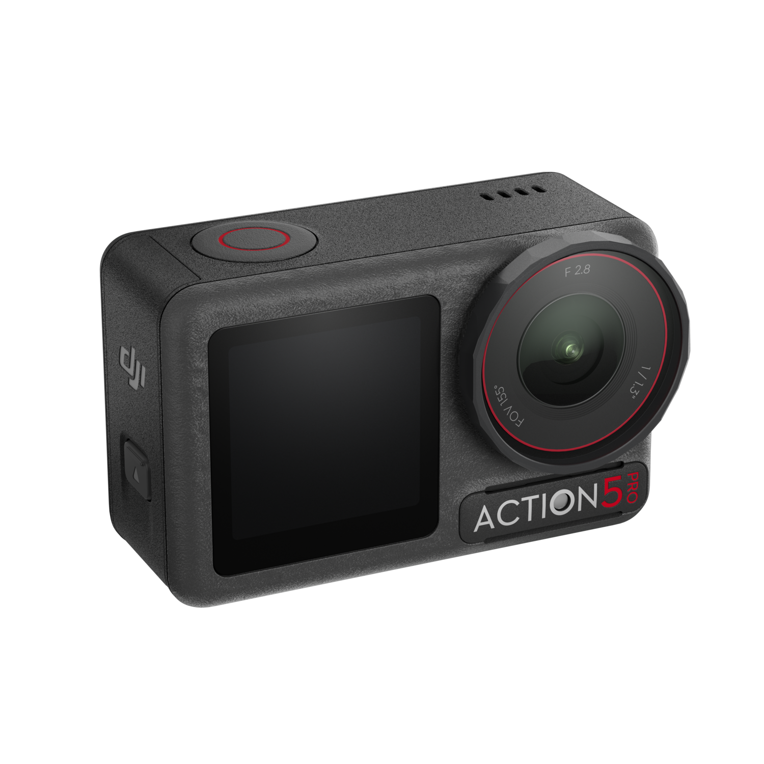 Black action camera with red accents. Lens, screen, and a red button. Black background.