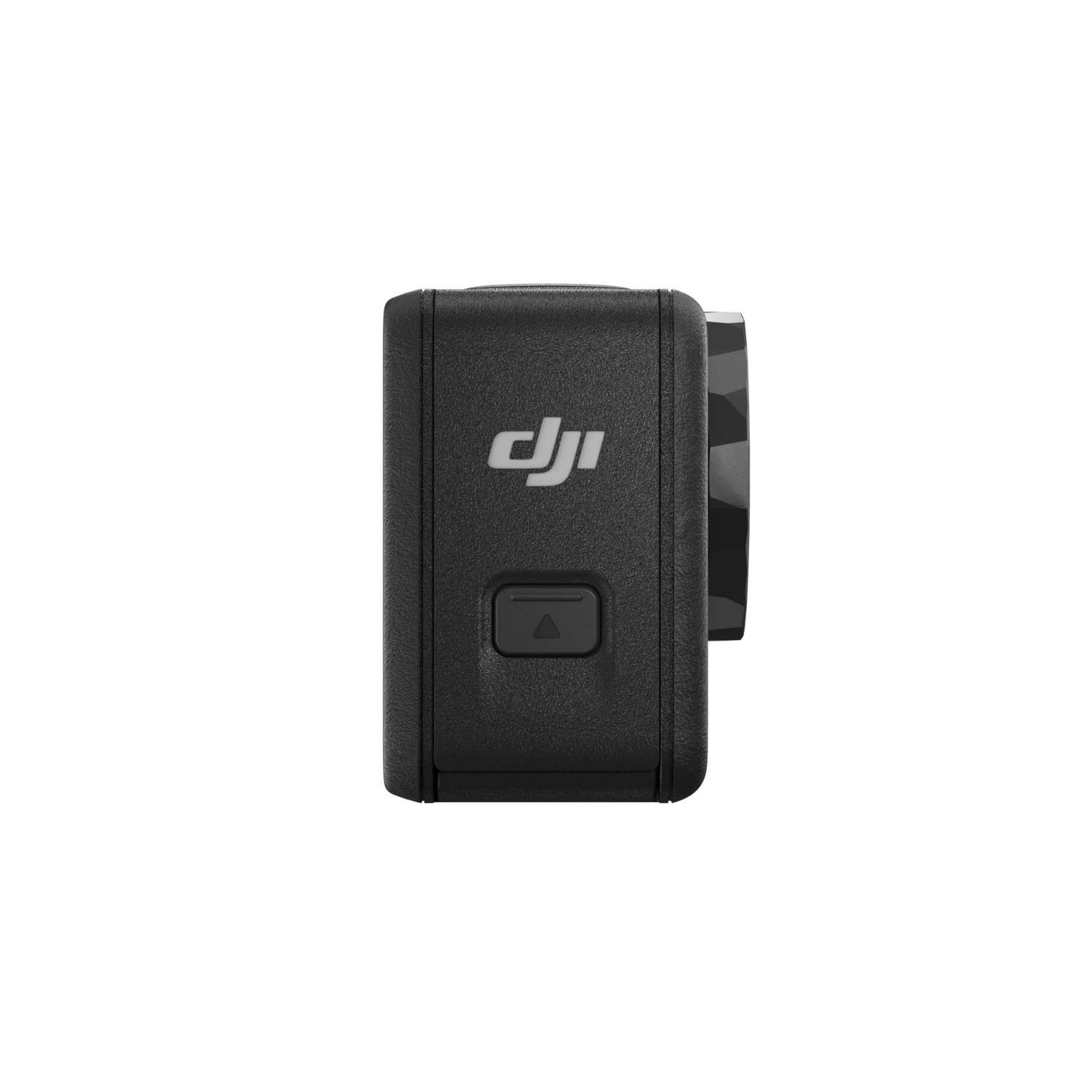 Black action camera, showing the front, with logo and a button, on a black background.