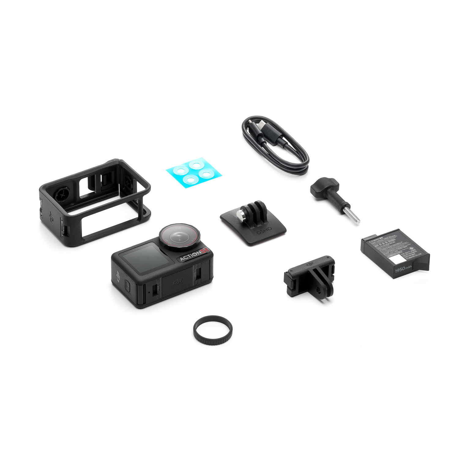 Black action camera with accessories on white background. Includes case, mounts, battery, and cables.