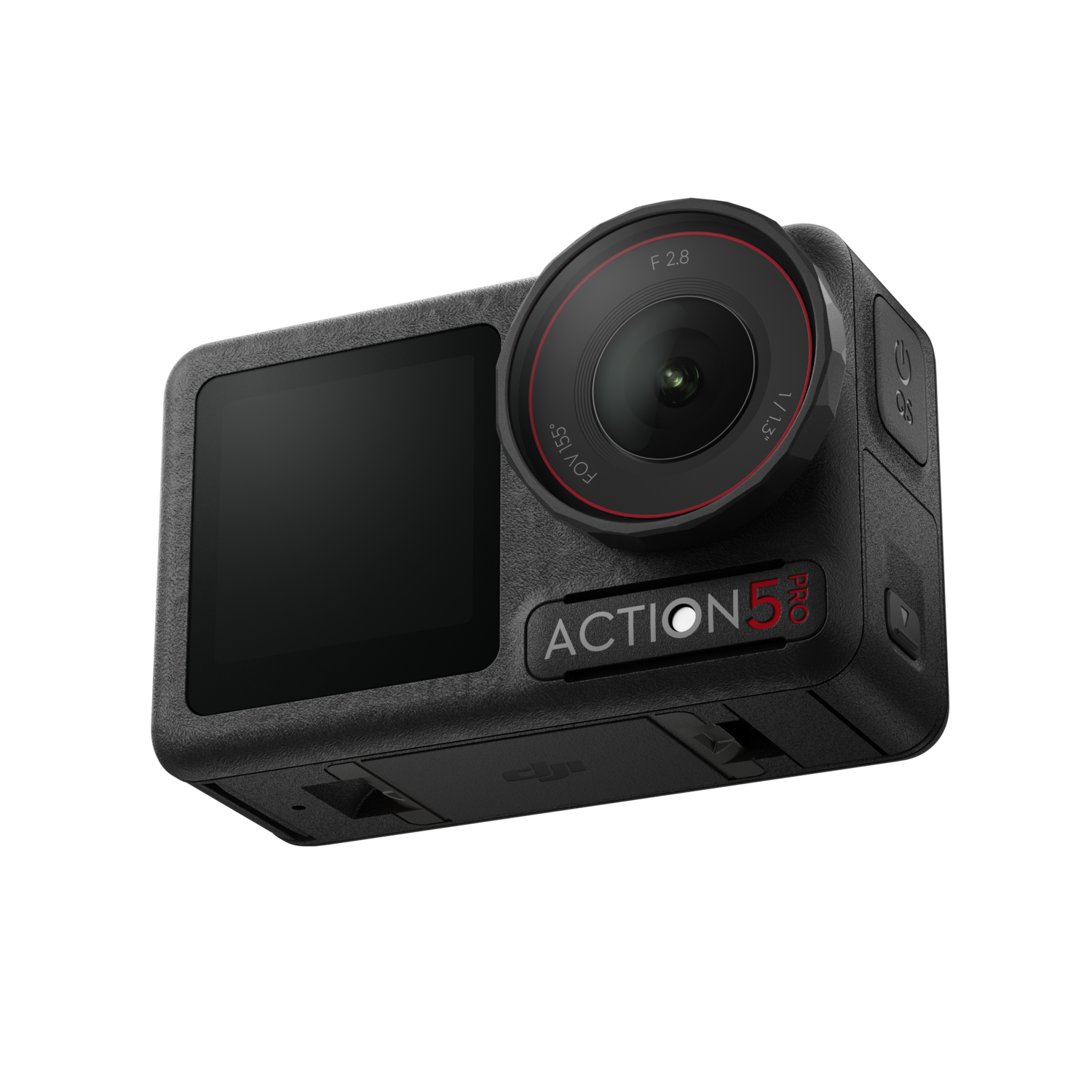 Black action camera with lens and screen. The camera is on a dark background.