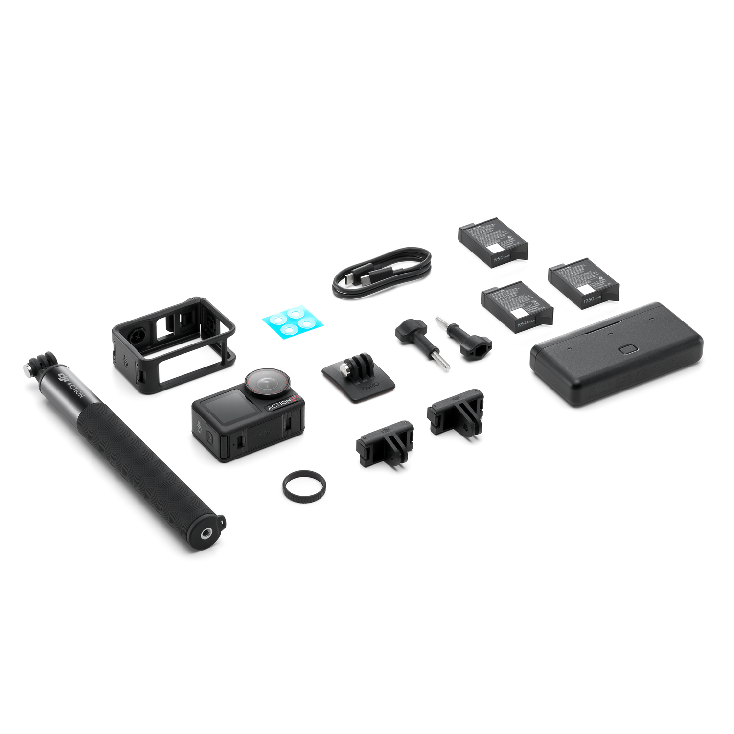 Action camera kit with camera, accessories, batteries, and a selfie stick, all arranged on white.