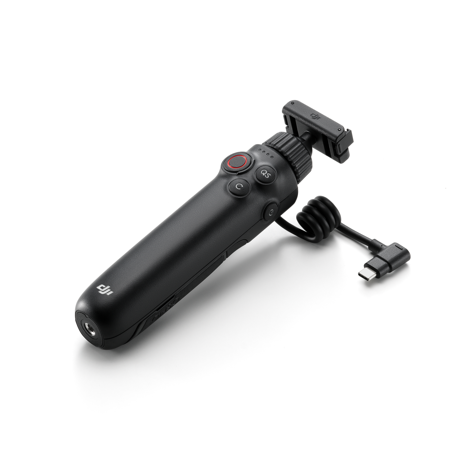 Zwarte DJI Osmo Mobile SE met zwarte kabel en een USB-C connector.