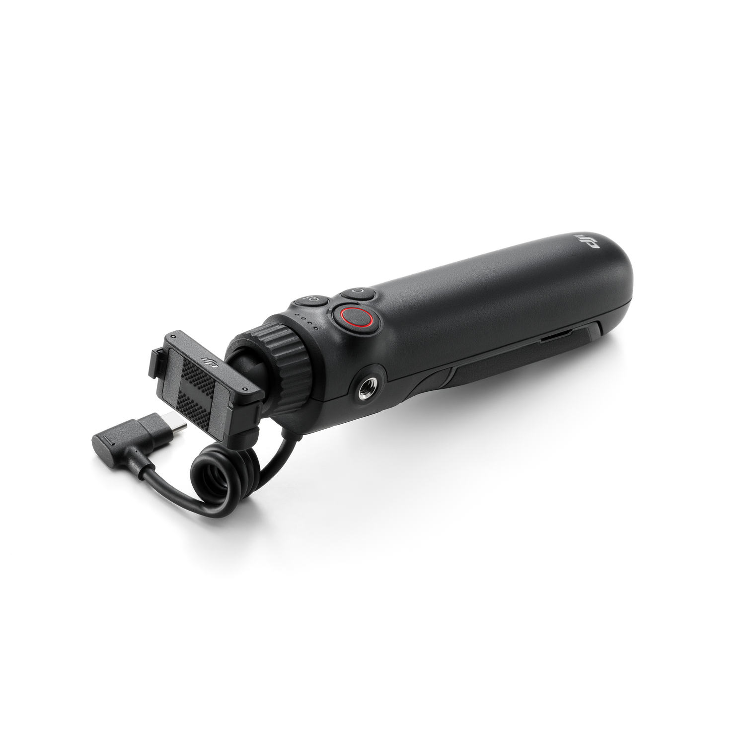 Een zwarte DJI Osmo Mobile 6 met een telefoonclip en een kabel. Witte achtergrond.