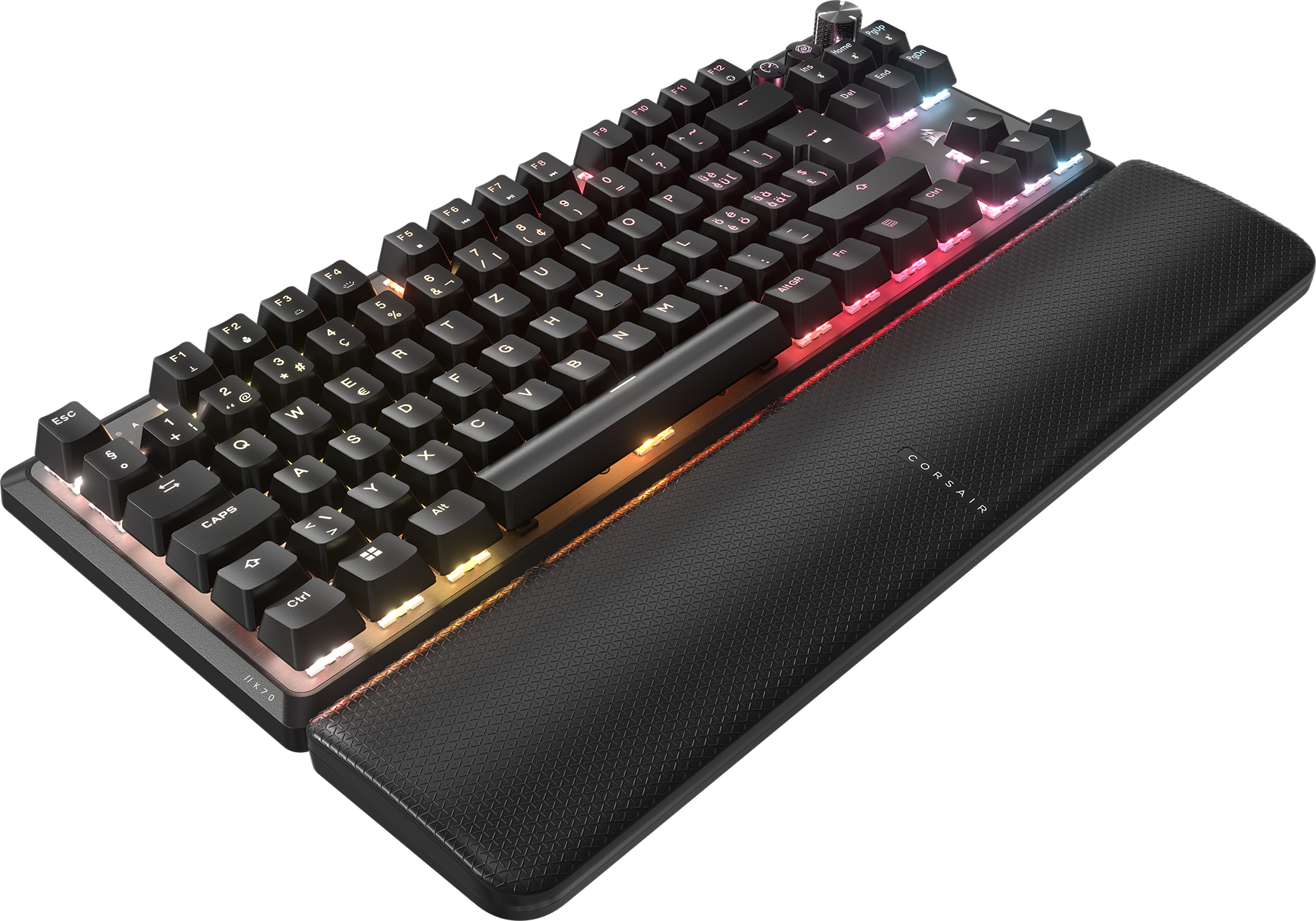 Clavier Corsair noir avec repose-poignet, touches rétroéclairées.