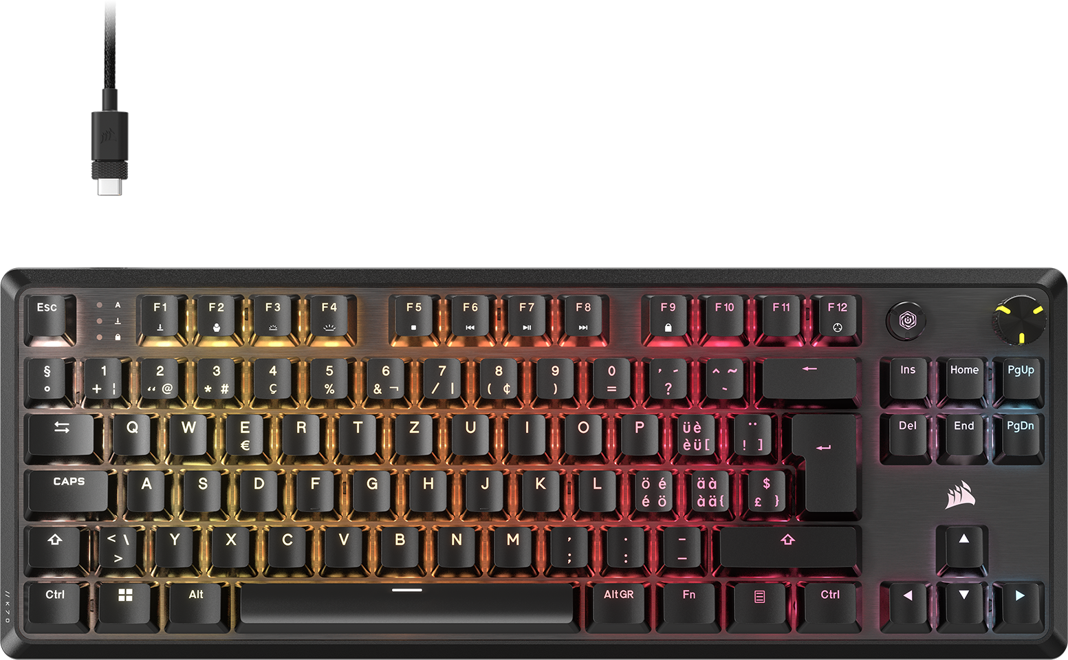 Una tastiera nera illuminata con cavo USB-C, con tasti colorati.