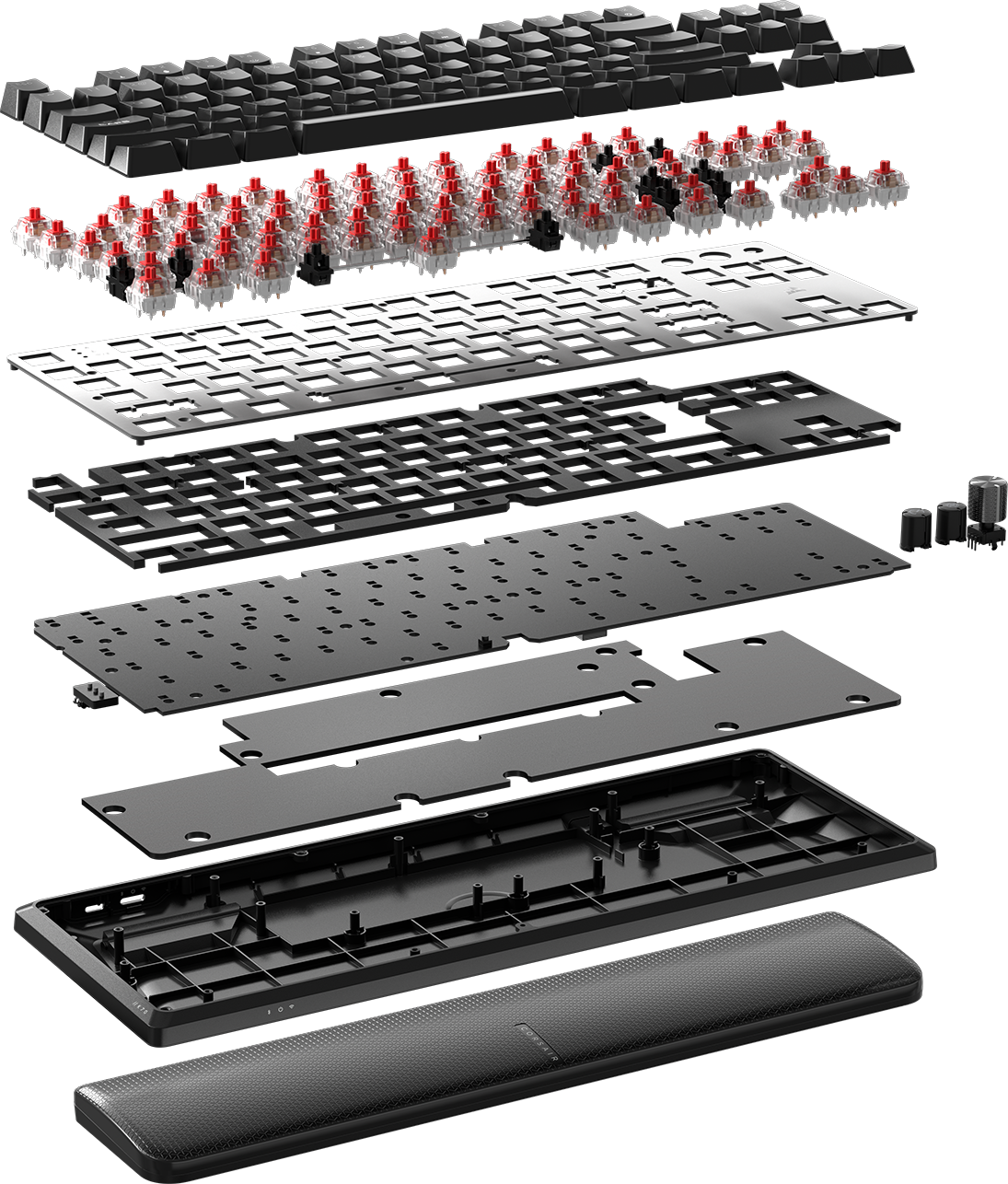 Vue éclatée d'un clavier. Montre tous les composants internes.
