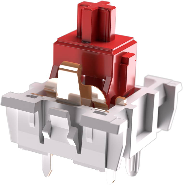 Un interrupteur de clavier mécanique rouge et blanc, gros plan sur fond noir.