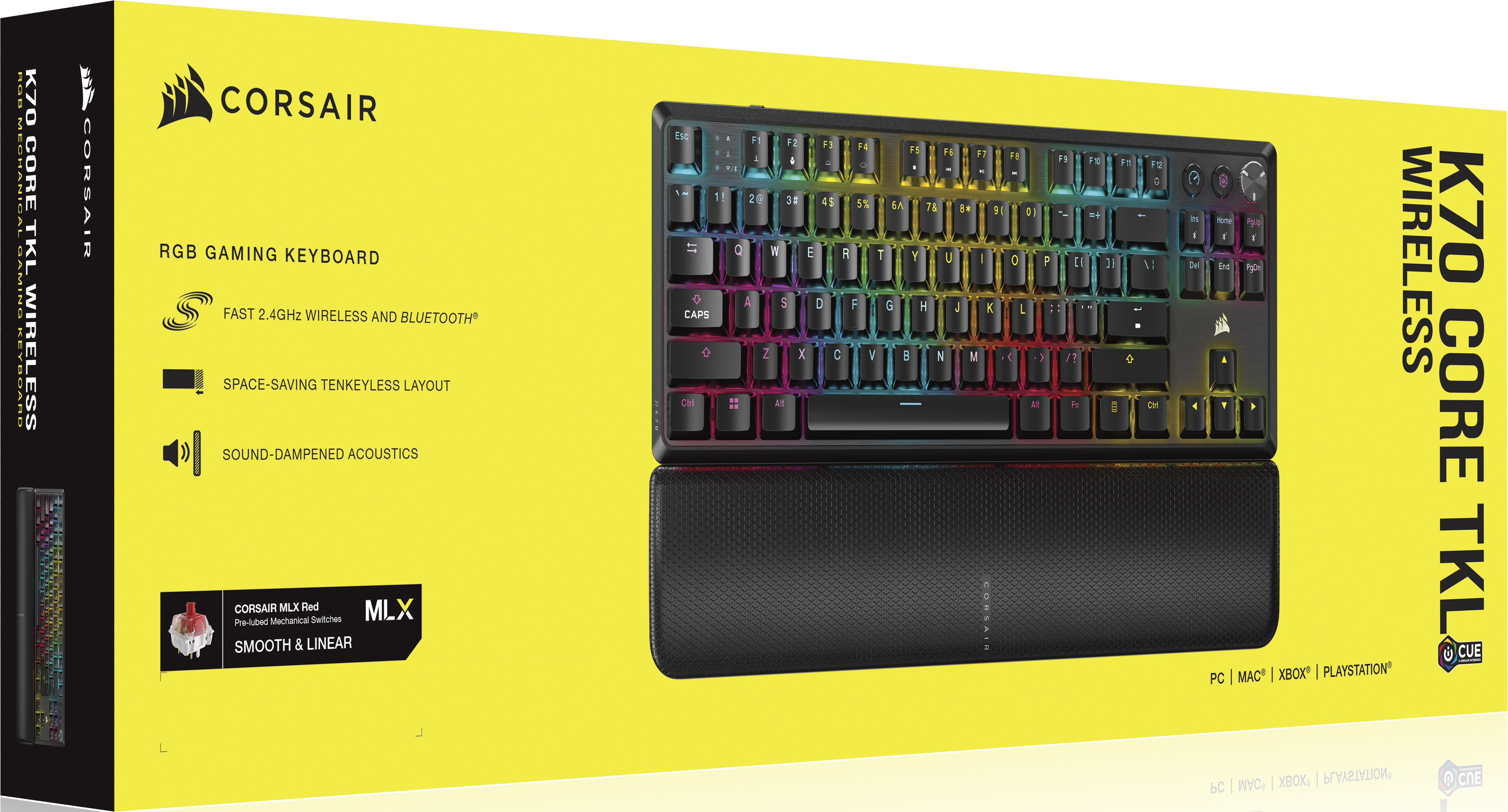 Clavier dans une boîte. Texte : K70 Core TKL Wireless, clavier de jeu RGB. Logo Corsair.