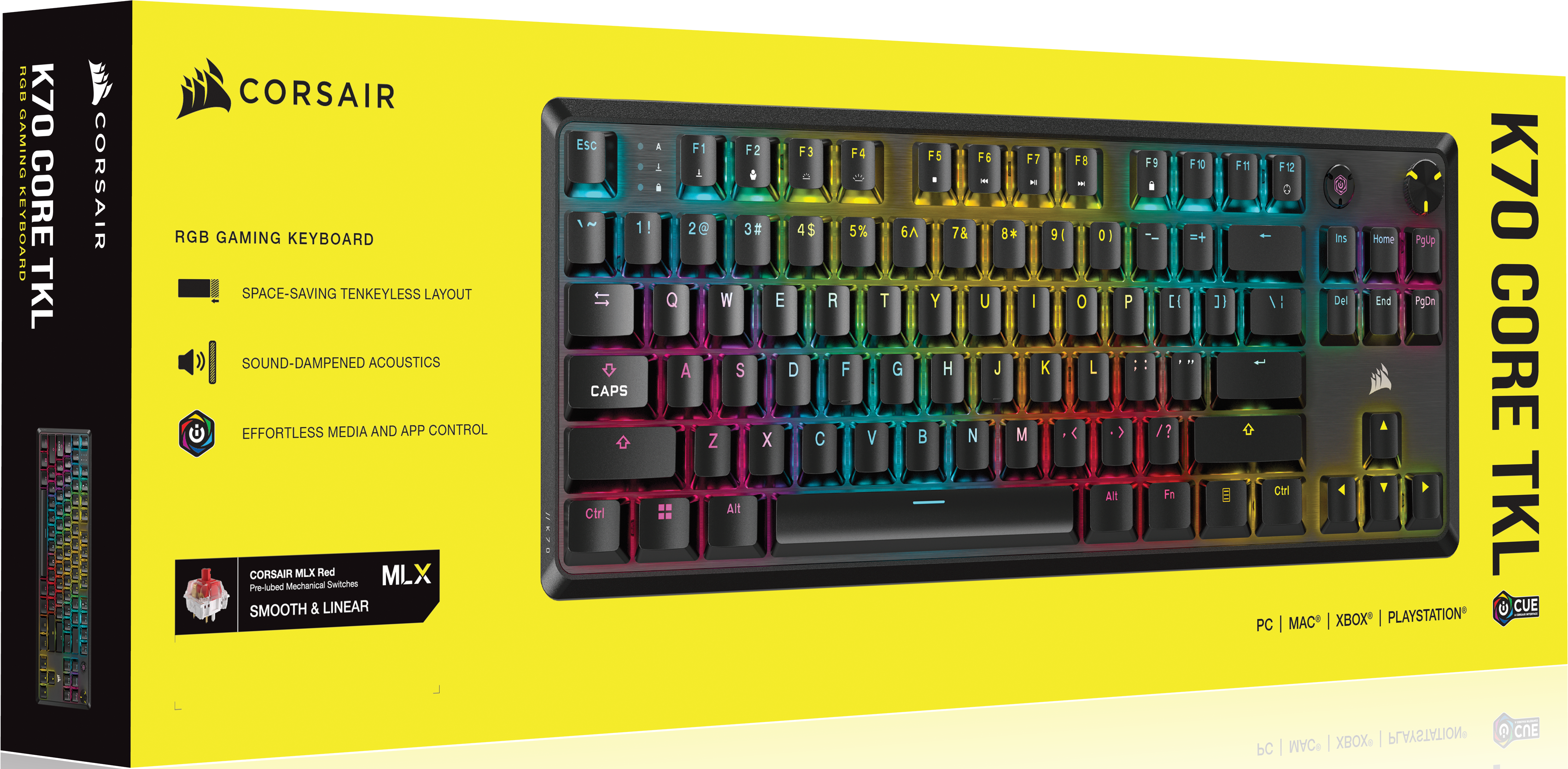 Tastiera gaming Corsair K70 Core TKL RGB in scatola. Caratteristiche: design salvaspazio e tasti colorati.