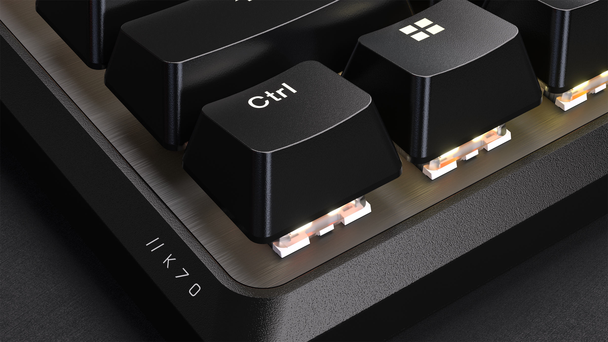 Primo piano dei tasti neri della tastiera: pulsante Ctrl e logo II K70.