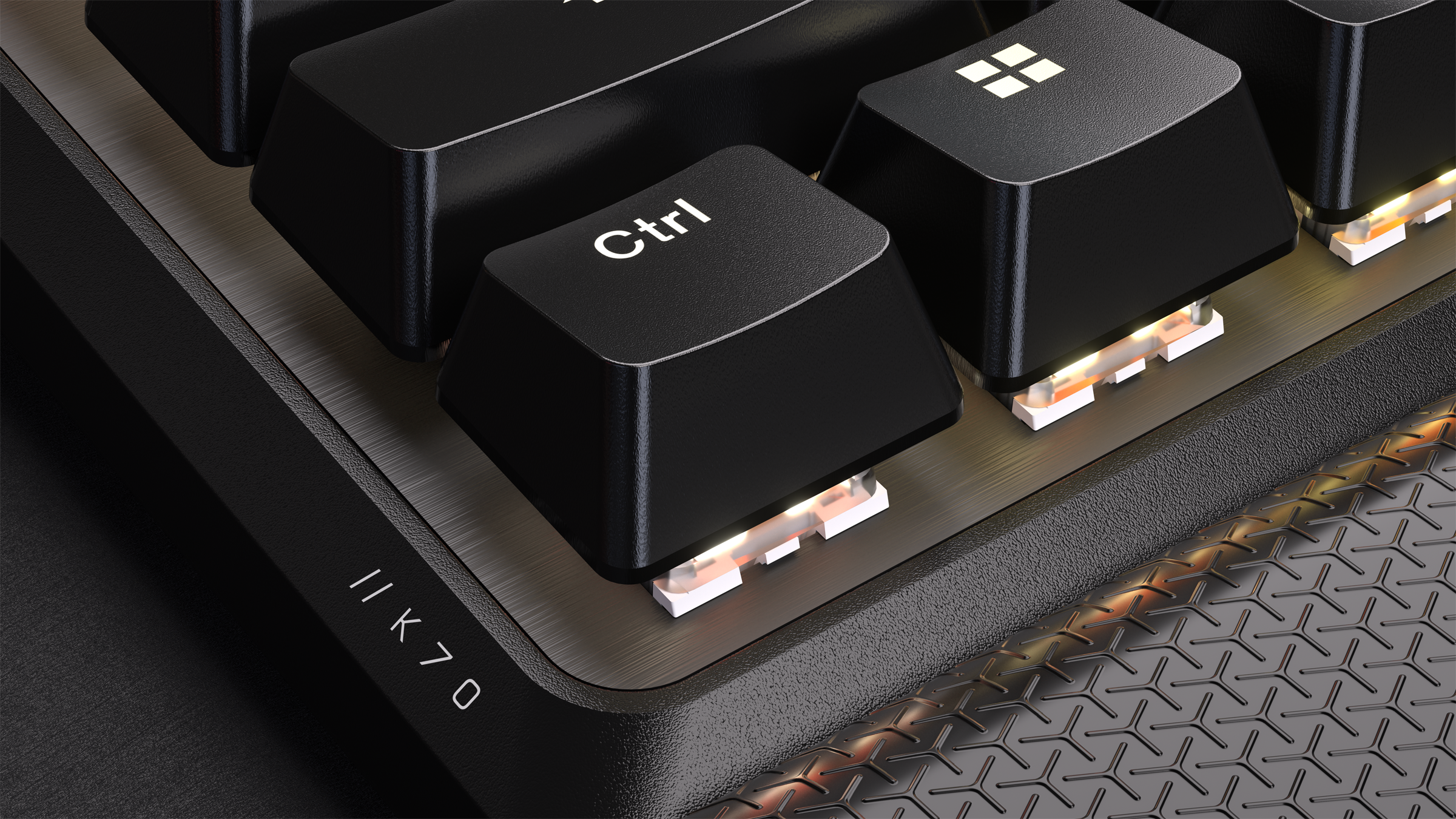 Un gros plan d'un clavier avec un thème sombre, montrant la touche 'Ctrl' et d'autres touches.