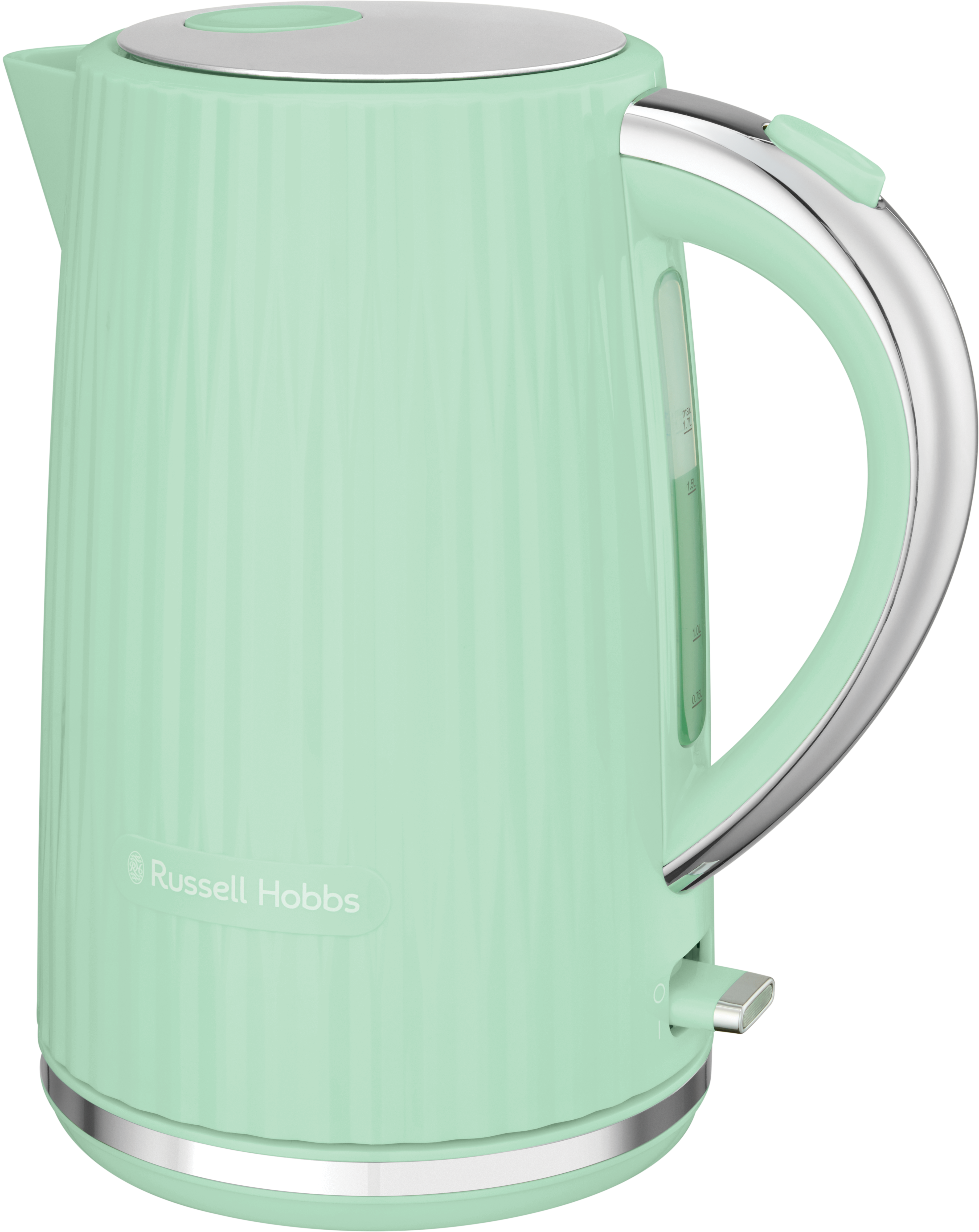 Minzgrüner Russell Hobbs Wasserkocher mit silbernen Akzenten. Geripptes Design, Griff und Deckel. Weißer Hintergrund.